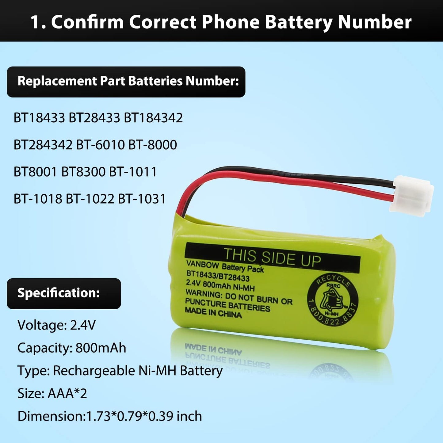 BT18433/BT28433 2.4V 800mAh Ni-MH Cordless Phone Battery, Also Compatible with AT&T BT184342/BT284342 BT8300 BT1011 BT1018 BT1022 BT1031 2SN-AAA55H-S-J1 CS6120 CS6209 CL80109 EL52419 (Pack 4)