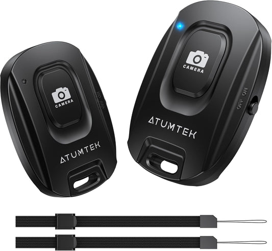ATUMTEK Camera Remote Shutter for iPhone and Android Smartphones (2 Pack), Wireless Phone Remote Control Selfie Button for Photos and Videos (Bluetooth 5.2), Wrist Strap Included, Black
