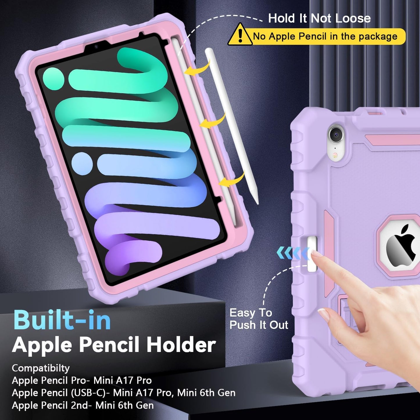 Grifobes Case for iPad Mini 7 (A17 Pro) 2024 / Mini 6 2021 8.3 inch, Heavy Duty Shockproof Rugged Cover with Pencil Holder Stand, for I Pad Mini 7th/6th Gen 8.3" Case for Kids Girl (Purple)