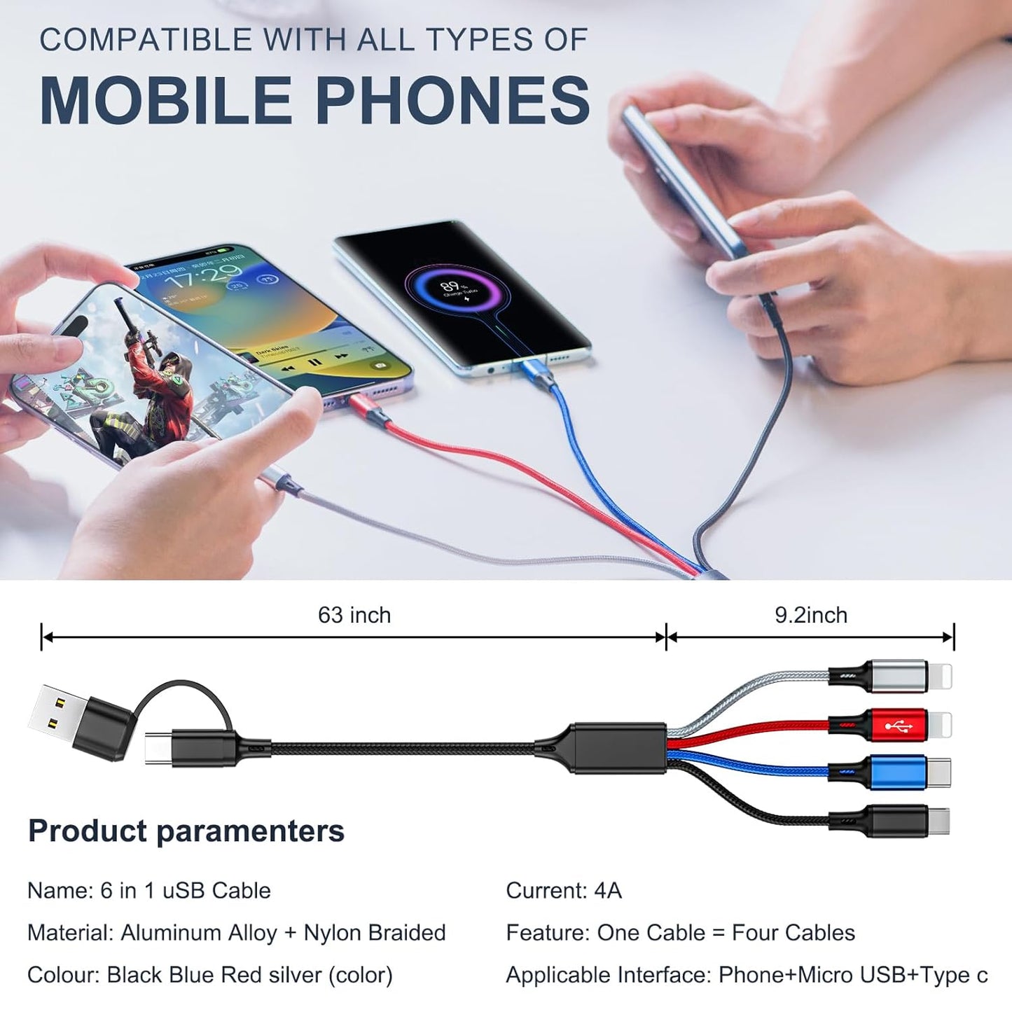 6 in 1 Multi Charging Cable 3Pack-6FT Multi USB Cable 3A Multi Charger Cable Braided Multiple Phone Charger Cable Universal USB A/C Charging Cord with 2*IP/Type C/Micro USB Port for Cell Phone/Tablets