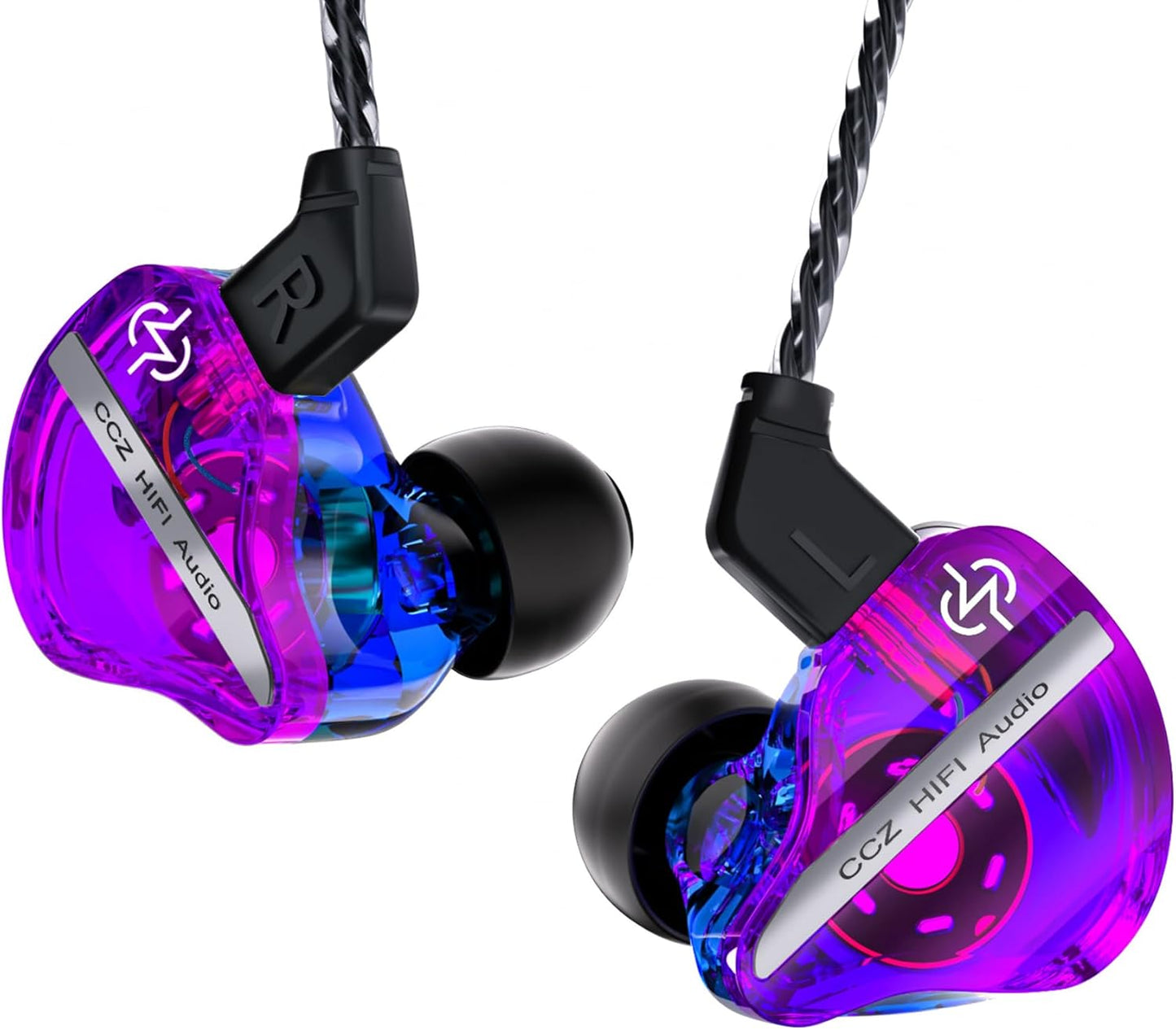 CCZ DC01 Pro in Ear Monitor, iems for Gaming, Professional Gaming Earbuds Super Bass Wired Earphone Headphone with 1DD, Patent Ear fin, Ear tips,for Singer Musician Podcaster (Purple-Blue without mic)