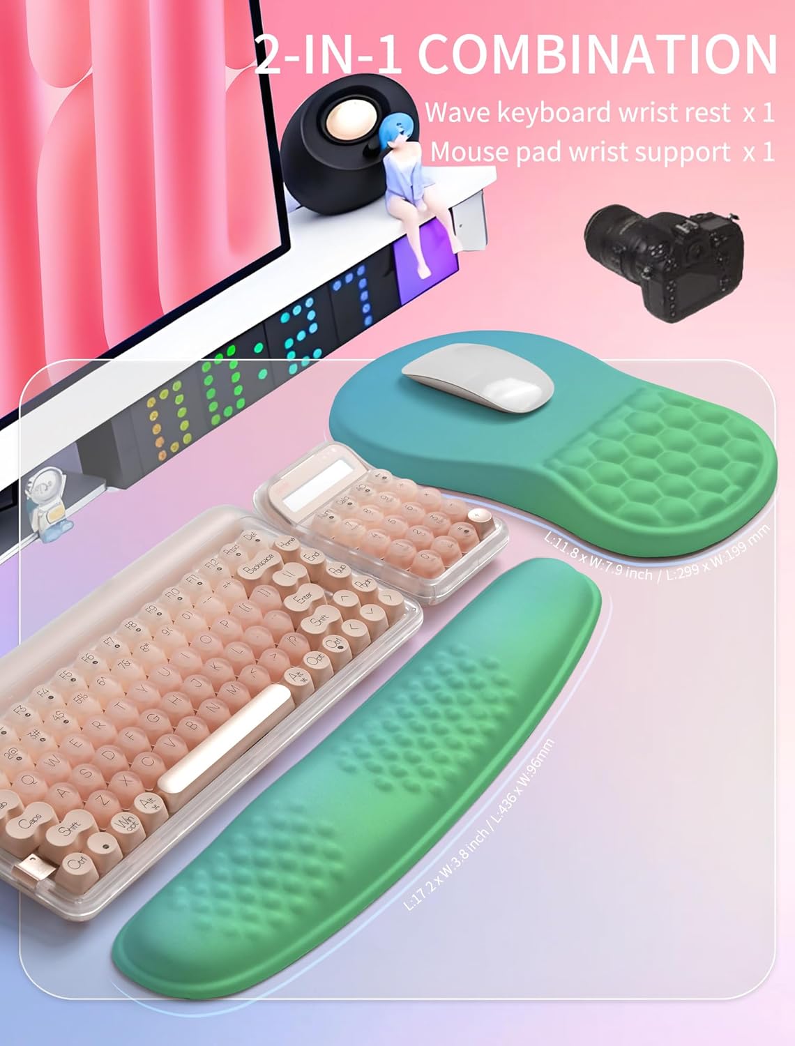 Hokafenle 2in1 Combination, Wave Keyboard Wrist Rest and Ergonomic Curvature Mouse Pad Wrist Support for Relieve Wrist Pain, Filled with Soft Cushion Memory Foam, Gradient Green