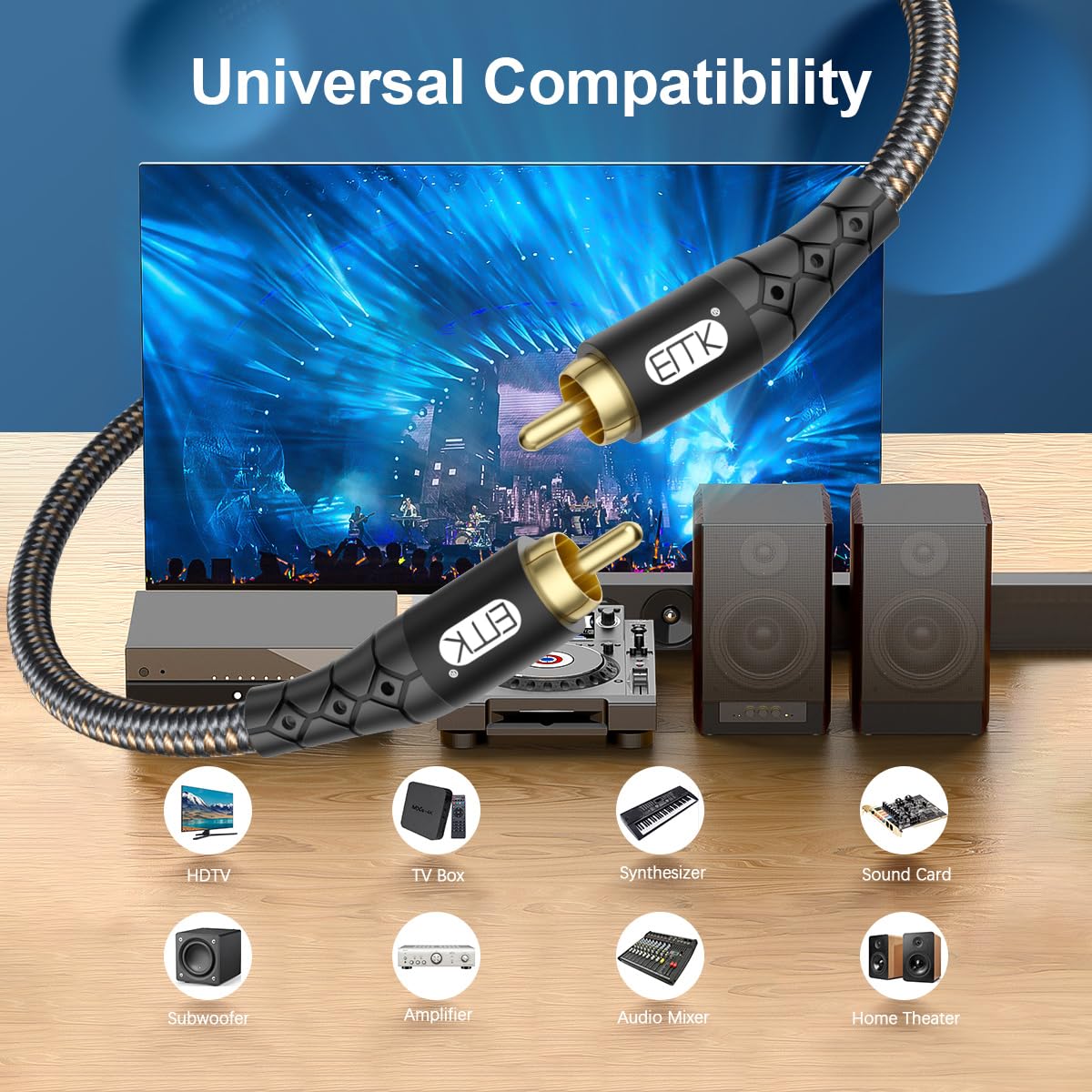 EMK RCA to RCA Subwoofer Cable – 24K Gold-Plated Connector Nylon Braided Double Shielded Audio Cable Digital&Analog Signal Support for Amplifiers Subwoofer Home Theater Hi-Fi Systems Black/25ft/8m