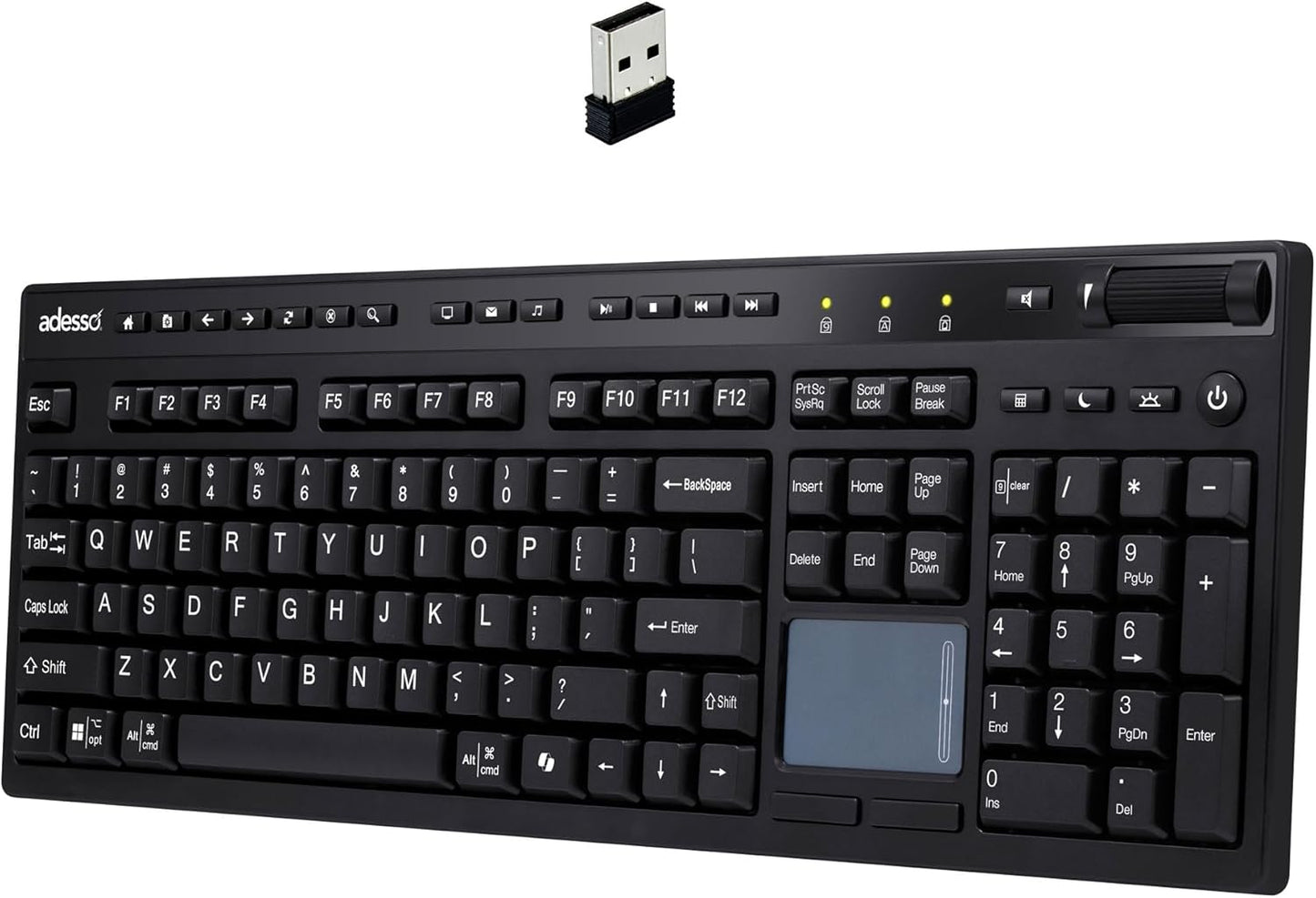 ADESSO Wireless Keyboard with Touchpad 104 Key Full Size USB Dongle Receiver Multi OS Support Works with MacOs System & Multimedia Hotkeys Volume Control with Scroll Wheel WKB-4450UB