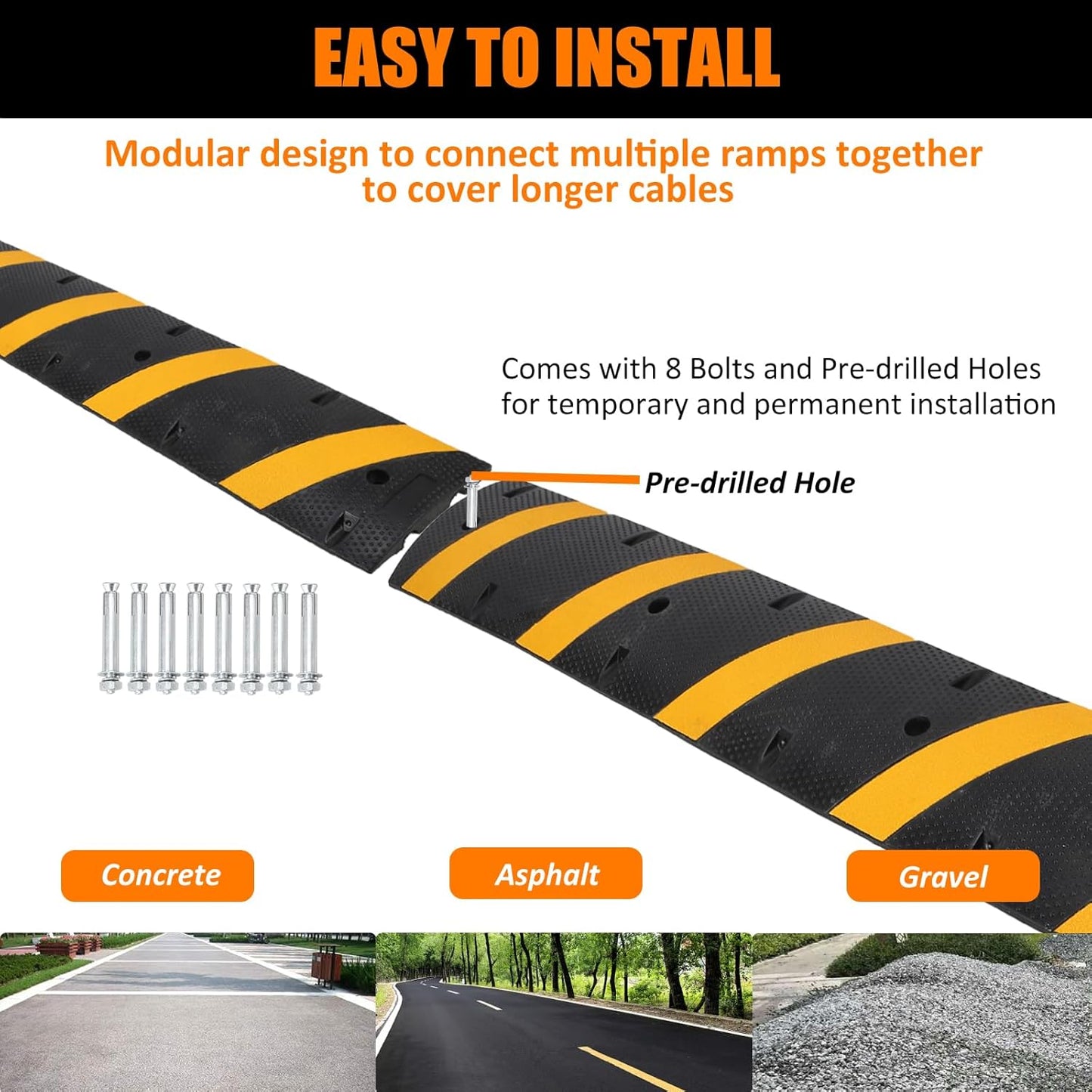 Heavy Duty Speed Bumps for Driveway, 6 ft 2 Pack Rubber Speed Bumps, 2 Channel Modular Traffic Speed Bump Hump Cable Protector Ramps for Asphalt Concrete Gravel Driveway Road with 8 Bolt Spikes