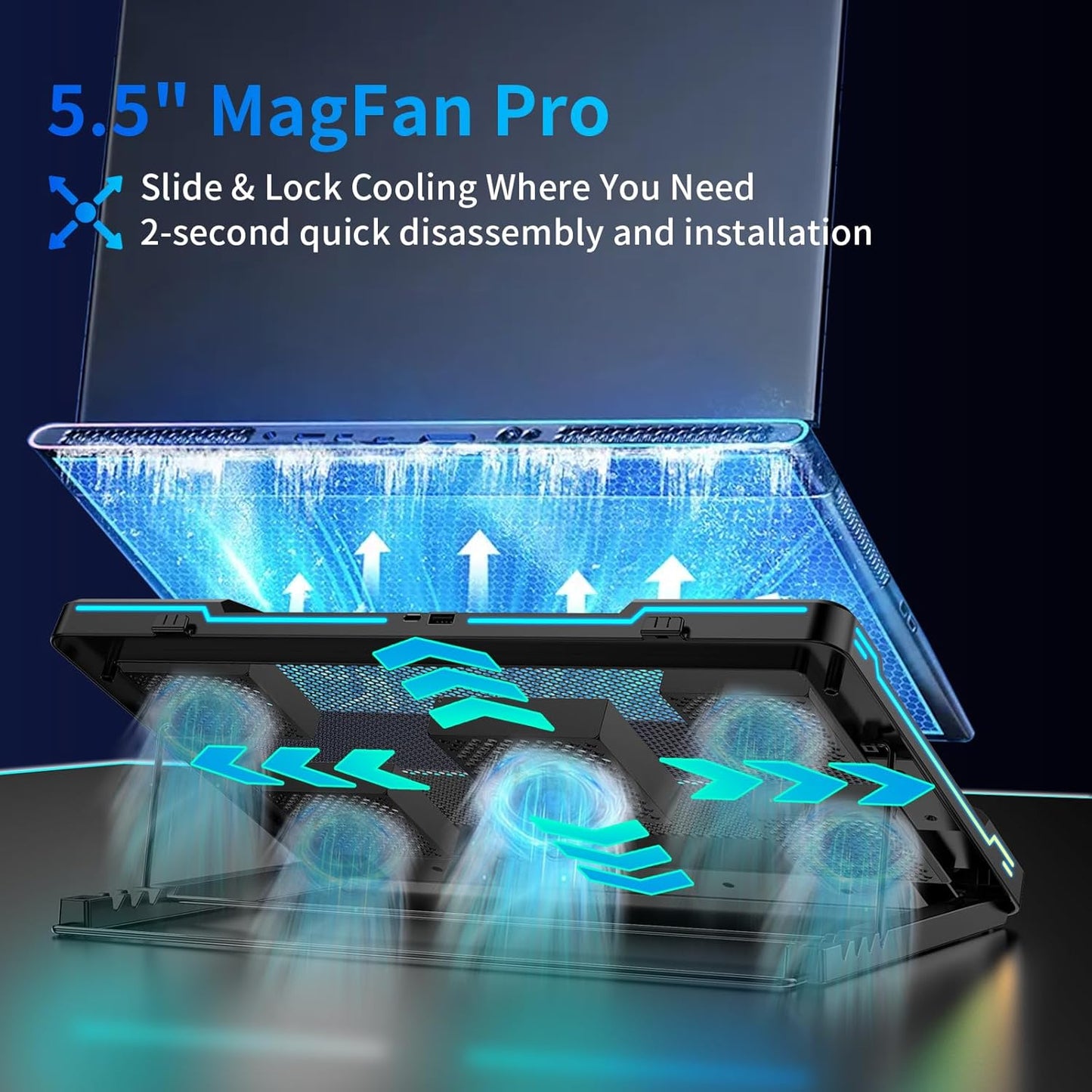 DEPGI Laptop Cooling Pad, Laptop Cooler Stand with 5.5" Movable Fan Easy to Clean, 10 RGB Light Modes, Auto Temp Sensor & 3-Speed Manual Control, Ultra Quiet ≤40dB for 14–17.3 Inch Laptops