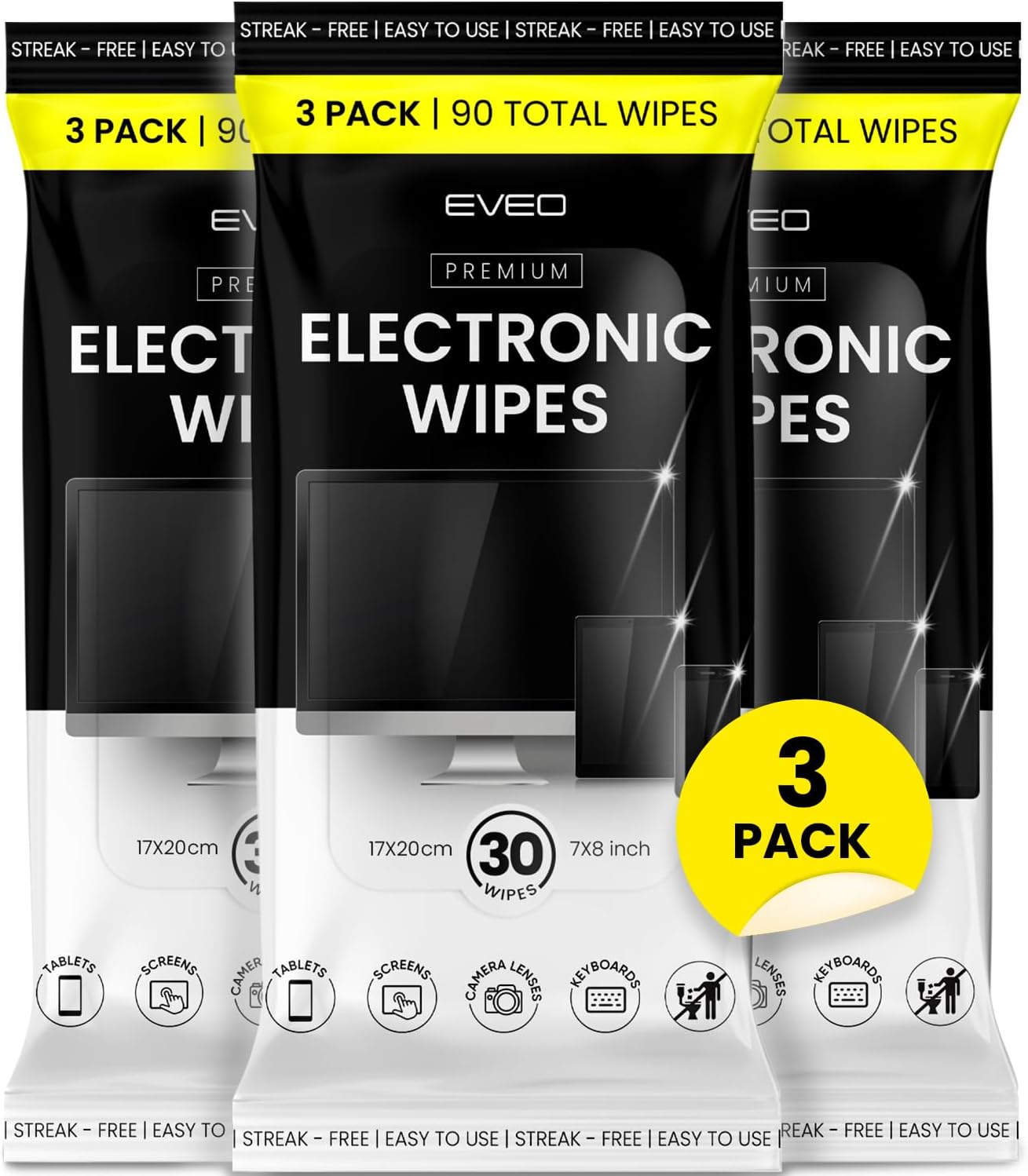 EVEO Electronic Wipes Screen Cleaner - Screen Wipes TV Screen Cleaner Wipes, Computer Screen Wipes, Laptop Screen Cleaner, ipad & Monitor Cleaner, Screen Cleaning Wipes - [90 Wipes + Microfiber Cloth]