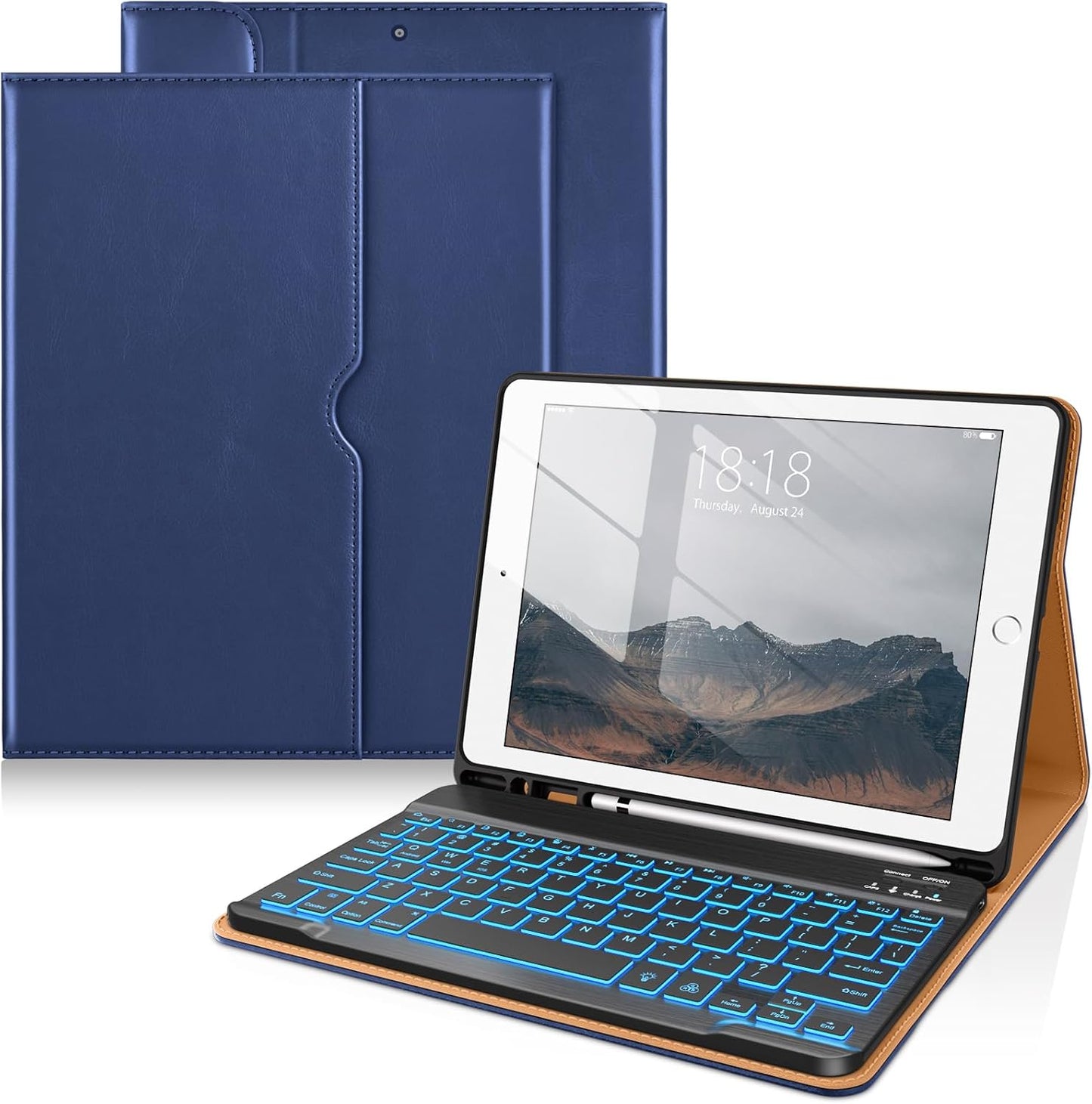 DTTO for iPad 9th/8th/7th Generation 10.2" Case 2021/2020/2019 with Keyboard, 7 Colors Backlit Wireless Detachable Keyboard Premium Leather Folio Cover with Pencil Holder & Pocket, Navy Blue