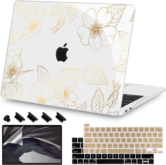 Teryeefi for 2022 2020 MacBook Pro 13 inch Case M2/M1 Chip (Model A2338 A2289 A2251 with Touch Bar), Plastic Hard Shell Case & Keyboard Cover & Screen Protector, Gold Floral Leaf