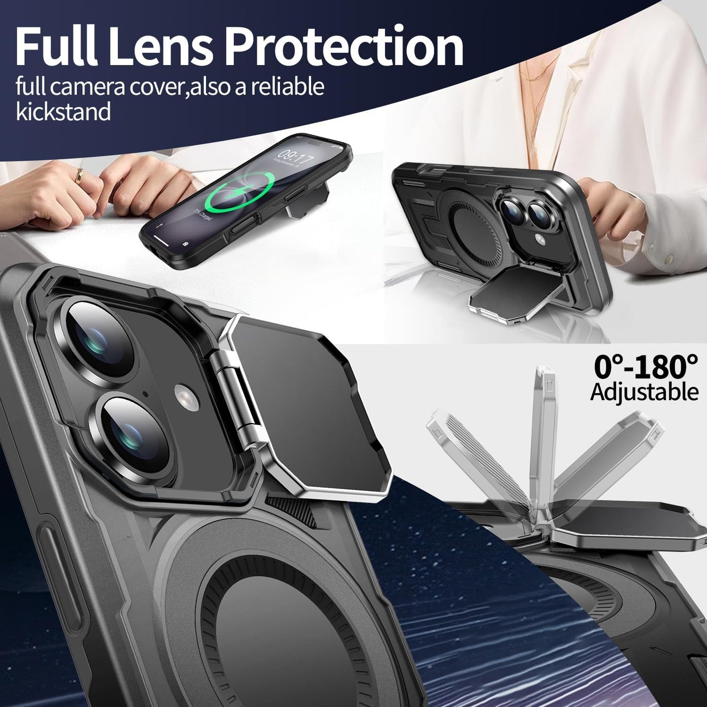 Camera Stand Case for iPhone 16 Plus, [Compatible with Mag Safe] [Lens Cover] 2024 Version Military Grade Protective Soft Case for iPhone 16 Plus 6.7 inch Men Women, Black