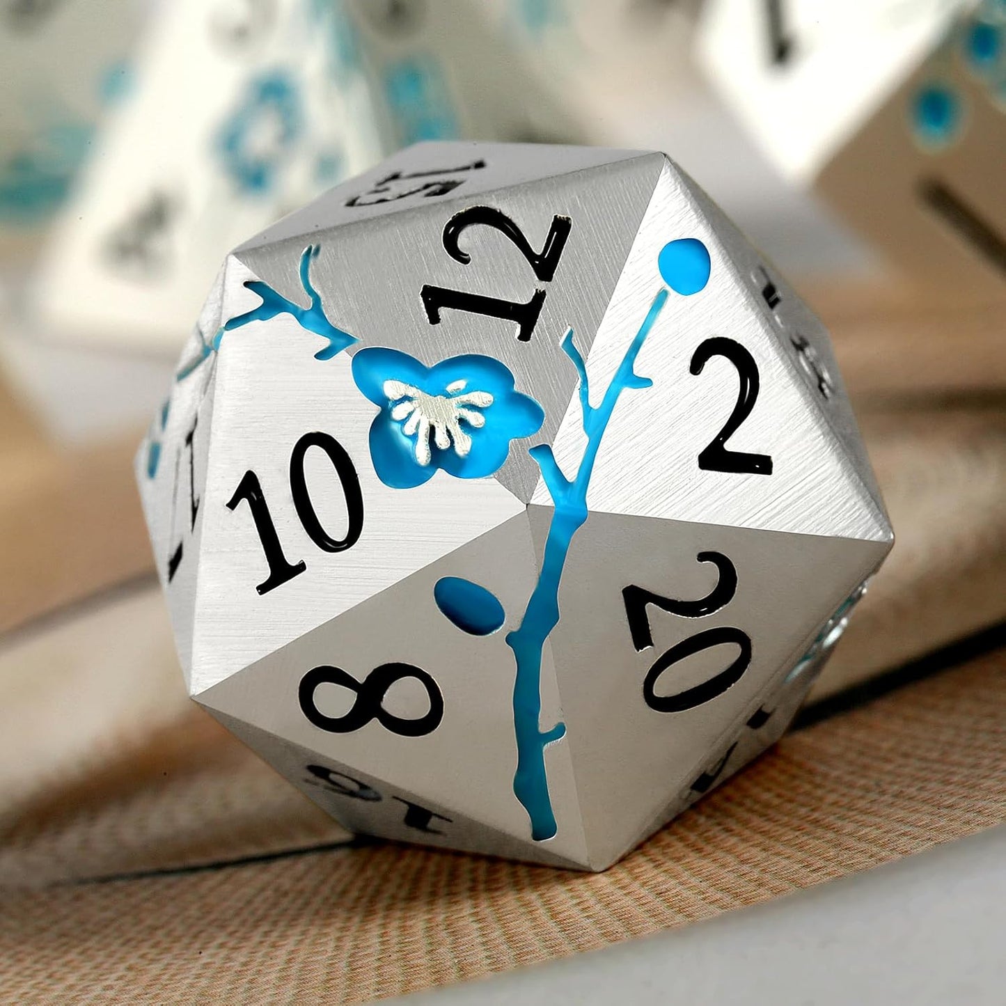 Glow in The Dark Flower Metal Dice, DNDND 7 PCS Blue Metallic D&D Dice Set with Gorgeous Gift Case for Dungeons and Dragon Tabletop Game (Glow in The Dark Blue)