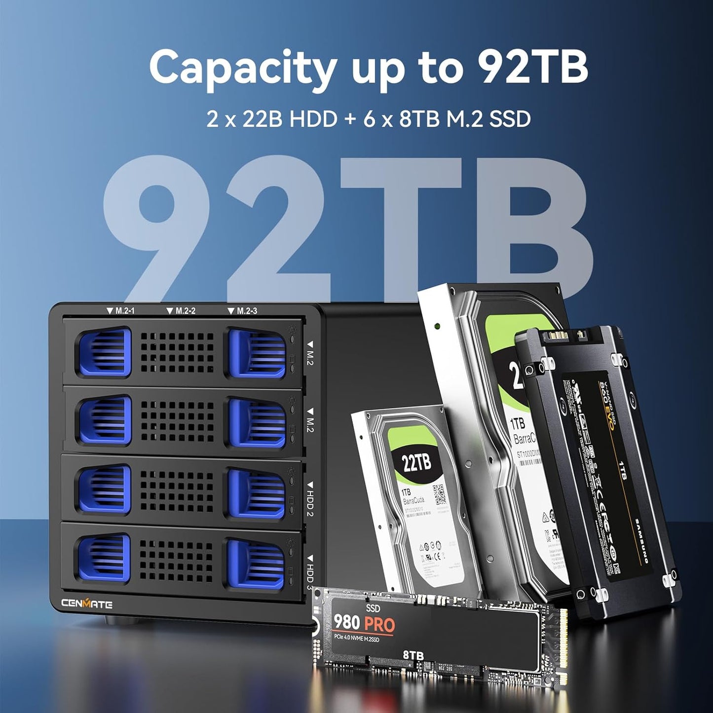 Hybrid 2*2.5/3.5" SATA HDD/SSD+6* M / B+M Key M.2 NVMe Enclosure with Cooling Fan and USB A/C 3.2 Gen 2, Hard Drive Enclosure Support 92TB(2*22TB HDD+6*8TB 2230/2242/2260/2280/22110 SSDs)