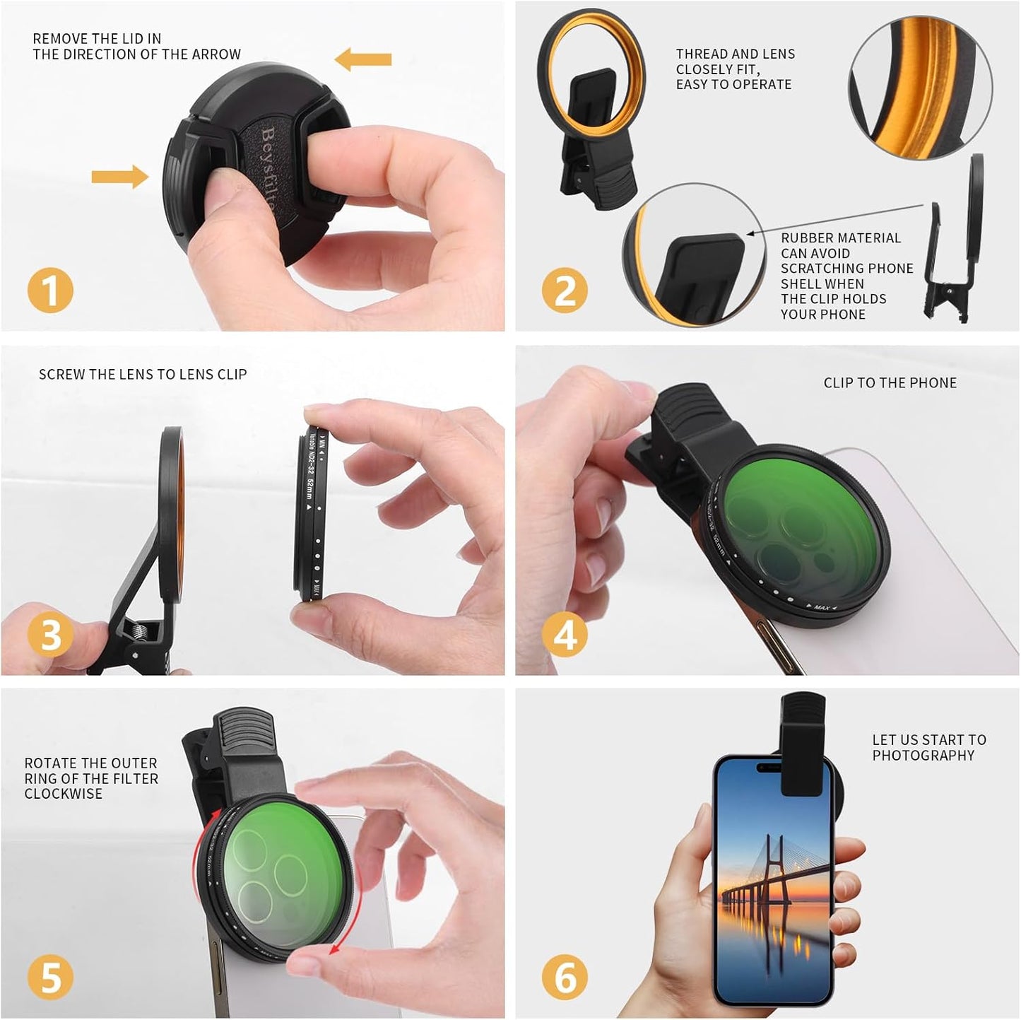 52MM Variable ND2-32 Filter for Phone, Multi-Coating Clip-On Variable Neutral Density Lens Kit, Compatible with iPhone 16/15/14/13 Pro Max, Samsung Galaxy, Google Pixel and Other Smartphone