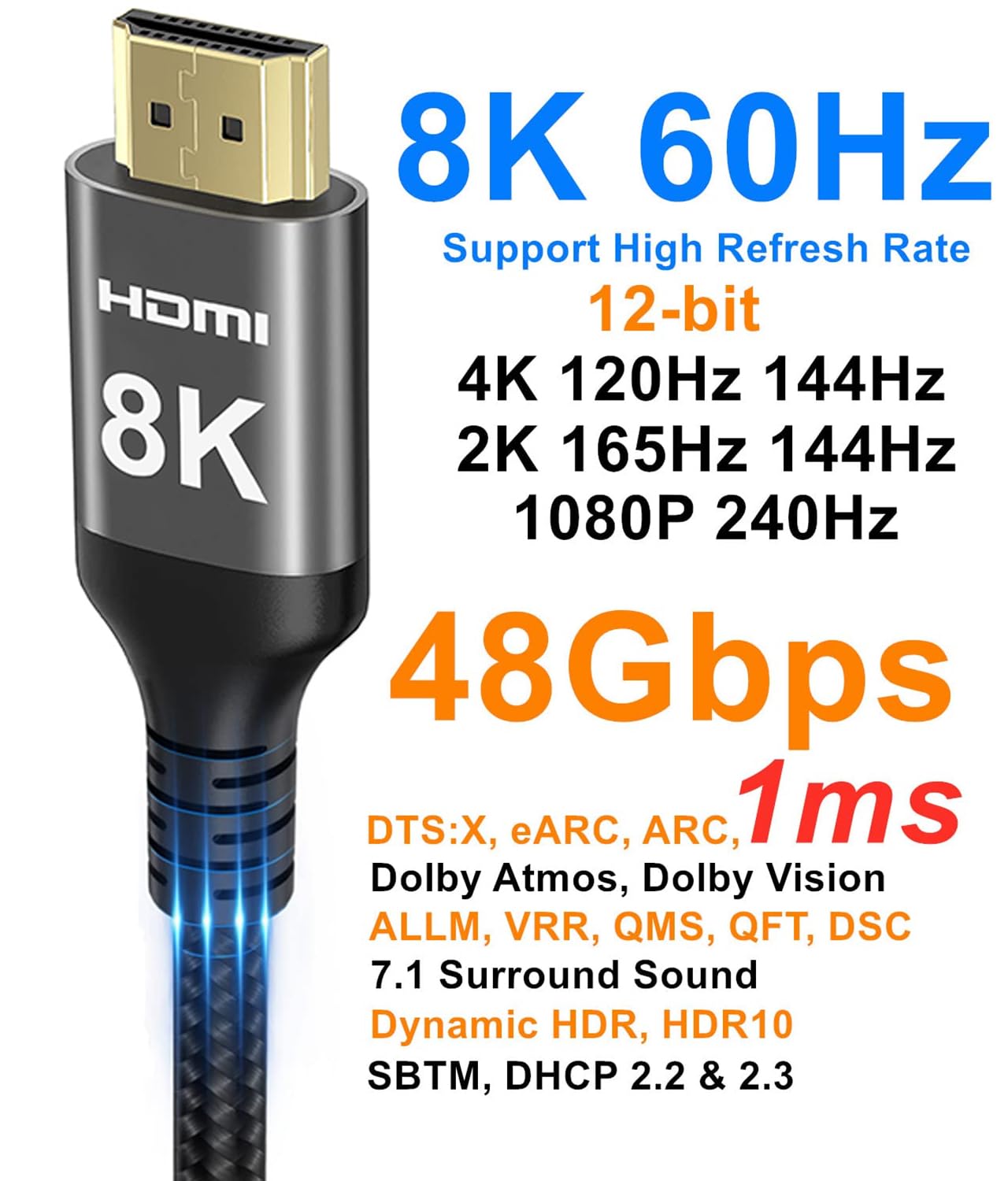 8K HDMI Cable 48Gbps 65 FT, Nylon Braided High Speed HDMI® Cable 4k 120Hz 2k 165Hz 8k 60Hz 12bit eARC ARC Dolby Atmos HDR10+ HDCP2.3 Compatible for Gaming PC TV Soundbar Monitor Mac PS5 Xbox