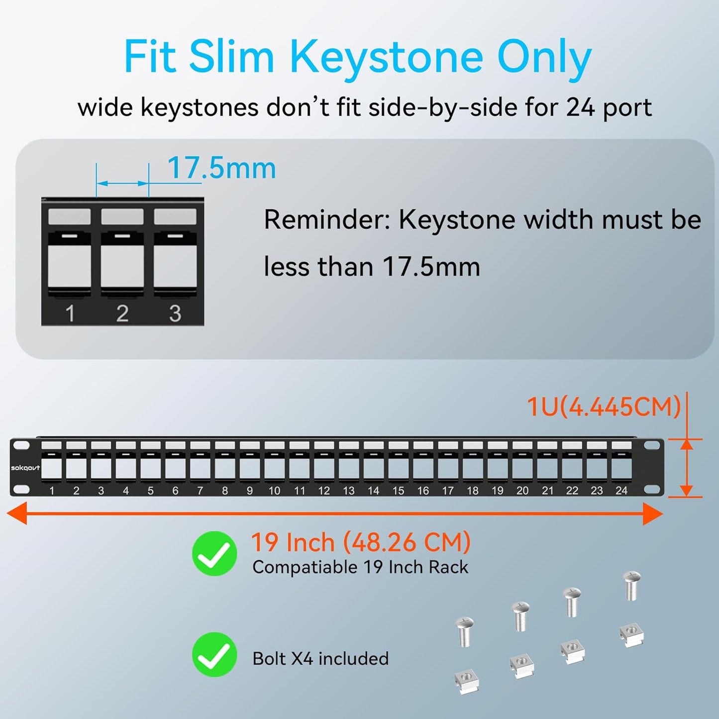 24 Port Blank Keystone Patch Panel with Snap-in Design (4 Pack), Cat6 Network Patch Panel 1U 19 inch, Rack Mount Ethernet Patch Panel (for Slim Keystone Only)
