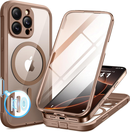 BERFY Magnetic for iPhone 16 Pro Max Case, Compatible with MagSafe, [Built-in 9H Tempered Glass Screen Protector & Upgraded Camera Protection]Full Body Shockproof Phone case for 16 ProMax,Desert Brown