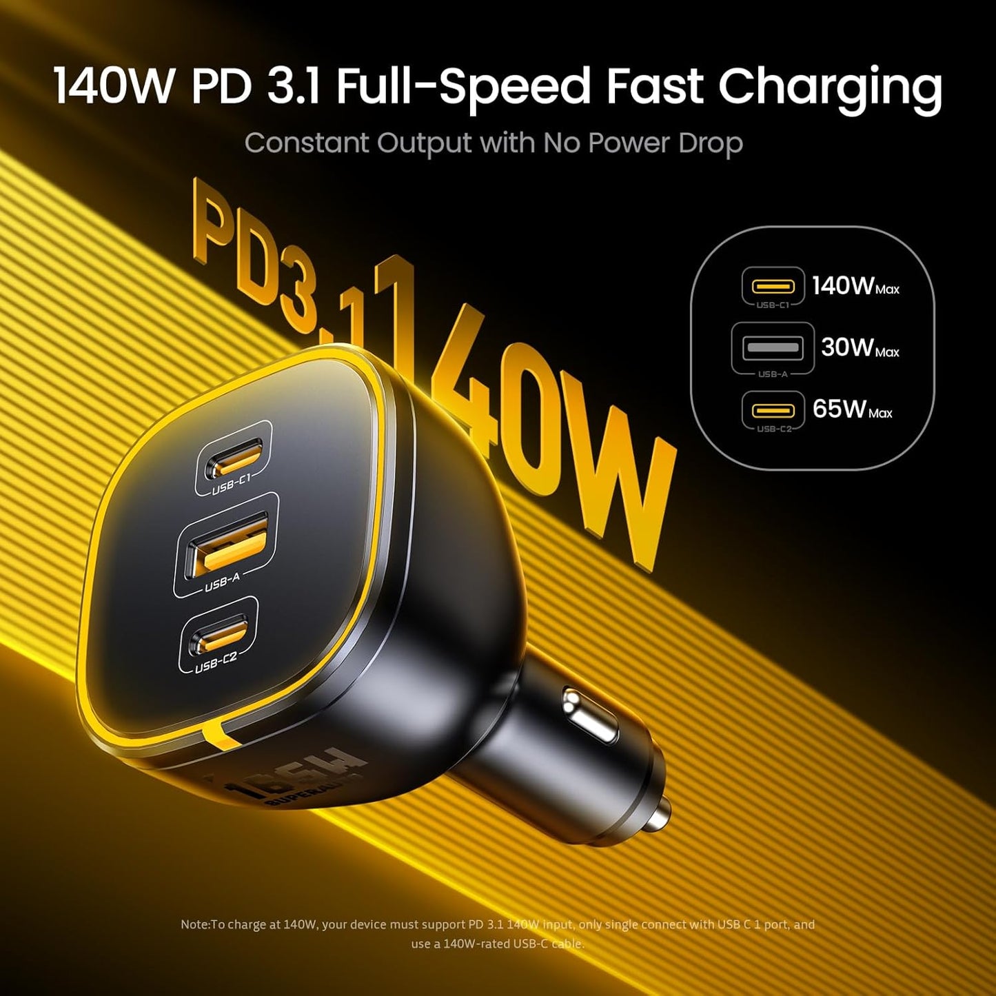 AOHI 165W Laptop Car Charger Adapter 140W PD 3.1/ 100W PD 3.0 USB C Super Fast Charging PPS 45W 3-Ports QC5.0 Car Lighter Charger for MacBook Pro, iPhone 16/15, Galaxy S24 Ultra, iPad, Black
