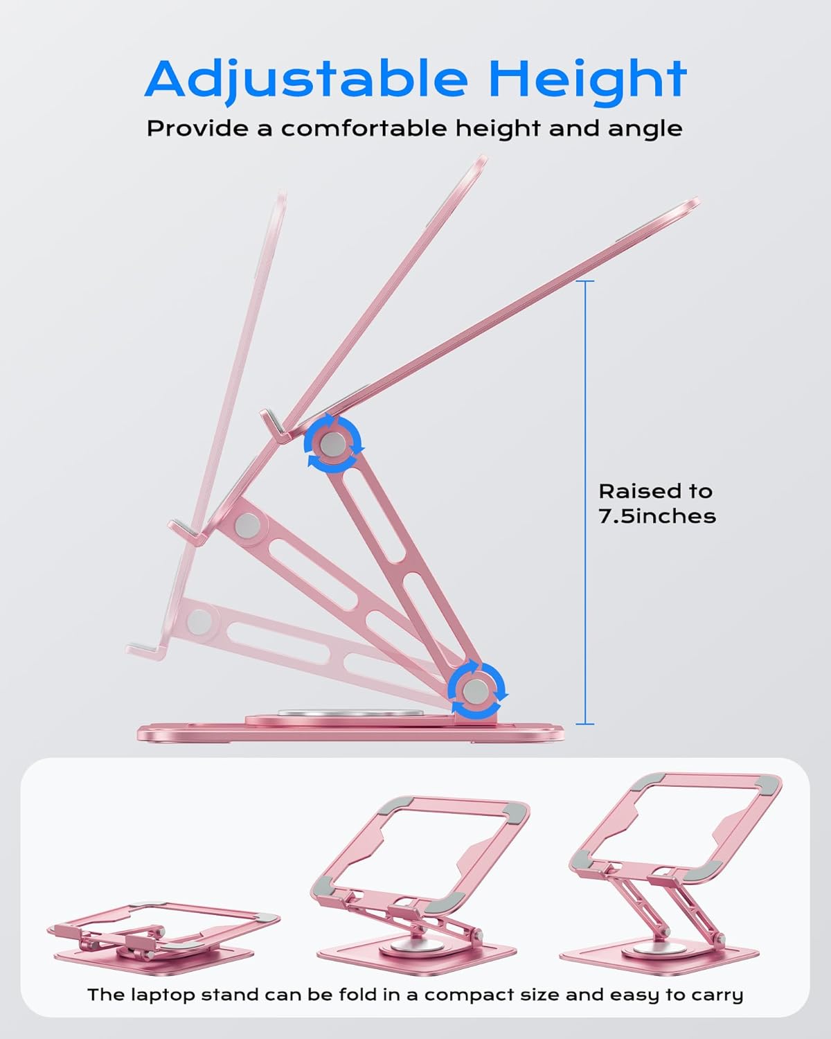 Adjustable Laptop Stand, Computer Stand with 360 Rotating Base, Ergonomic Laptop Riser Mount for Desk Foldable Protable Computer Desk Fits with MacBook Pro Air (10-16") - Pink