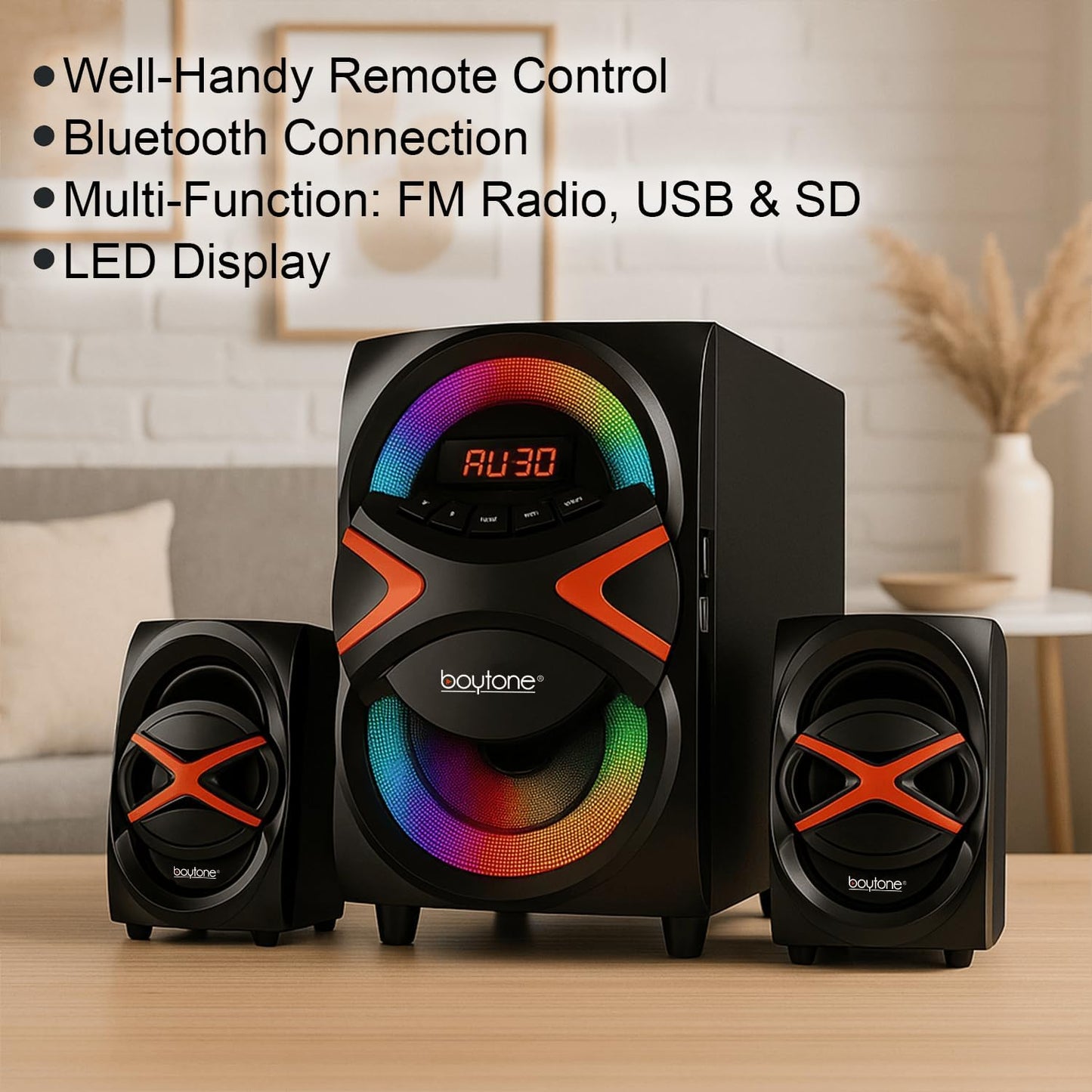Boytone BT-326F, 2.1 Bluetooth Powerful Home Theater Speaker System, with FM Radio, SD USB Ports, Digital Playback, 40 Watts, Disco Lights, Full Function Remote Control, for Smartphone, Tablet., Black