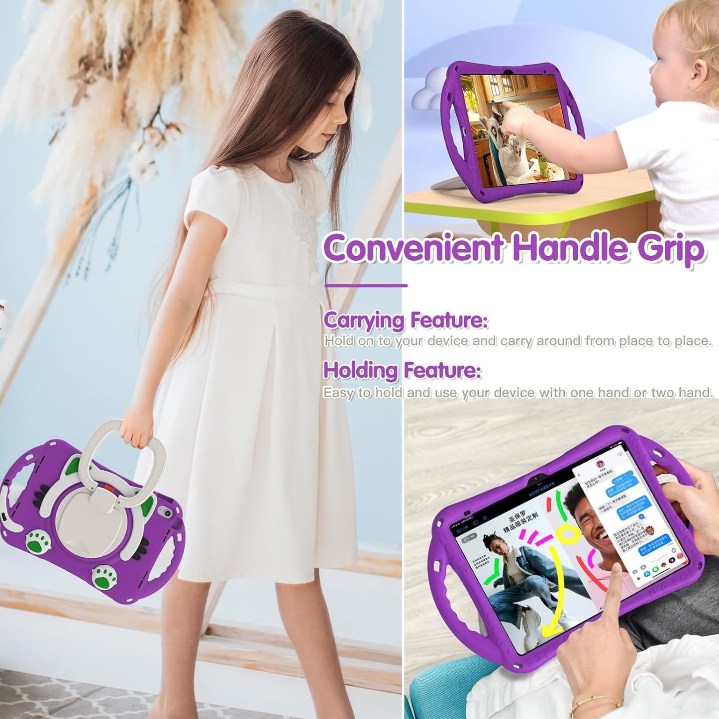 BRAECN Cute Cat Case for iPad (A16) 11th/10th Generation 11”/10.9'' 2025/2022, Silicone Kids Boys Case with Pencil Holder, Carrying Shoulder Strap, 360°Rotating Handle Grip & Kickstand, Purple