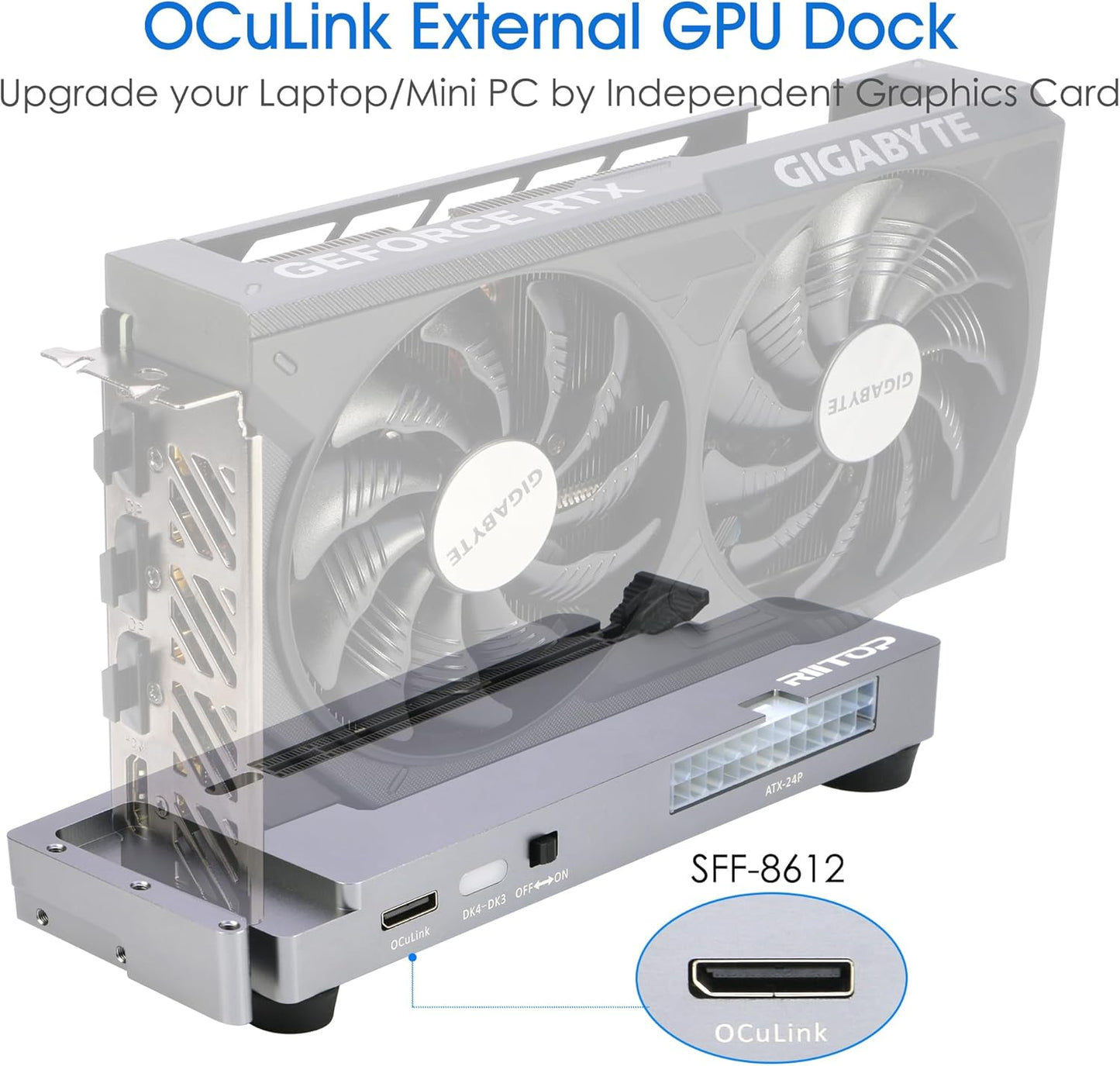 RIITOP OCuLink eGPU Dock 64Gpbs Oculink SFF-8612 External GPU Enclosure for PCIe 4.0 x16 Graphics Cards
