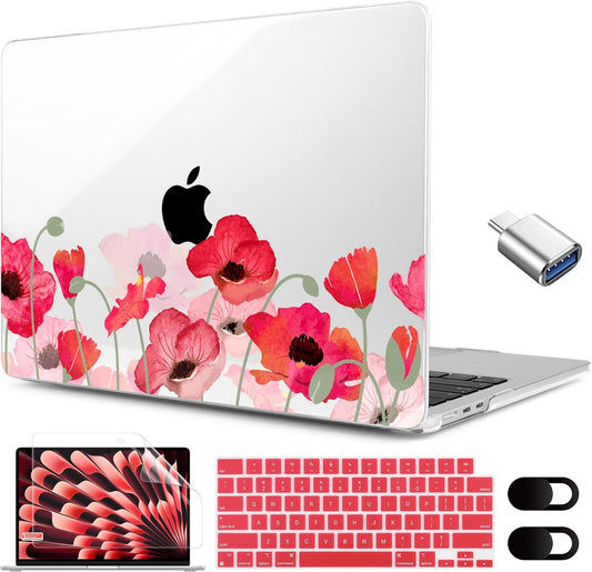MEEgoodo for M4/M3/M2 MacBook Air 15.3 inch Case 2025 2024 2023, Case Fit Model (A3241/A3114/A2941) for MacBook Air 15 inch, Laptop Hard Shell with Keyboard Cover, Hand Drawn Poppy