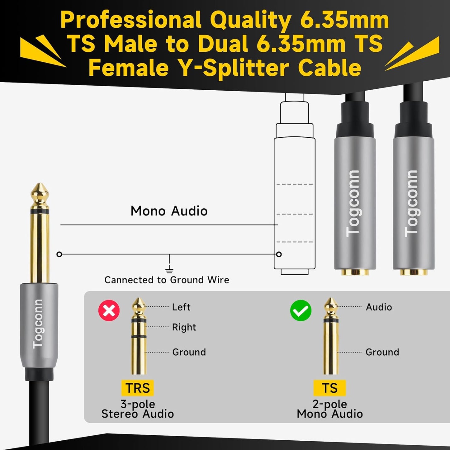 1/4 inch TS Mono Splitter Y Adapter, 6.35mm Mono Male to Dual 6.35 mm TS Mono Female Jack, Quarter inch Audio Speaker Splitter Converter Cable 1 Feet, Gold Plated Connectors