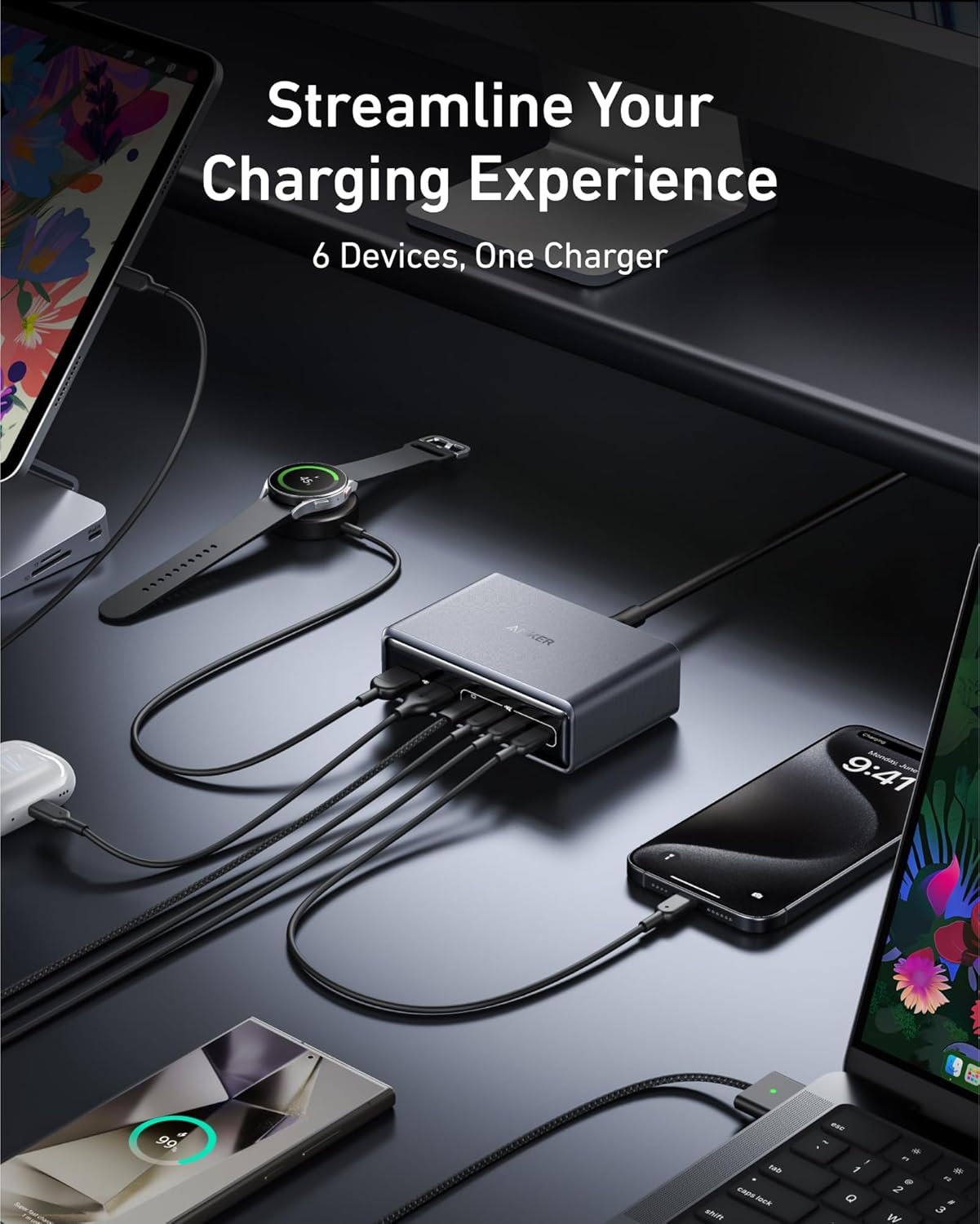 Anker Prime Charger, 200W 6-Port GaN Charging Station, USB-C PD Fast Charging Desktop Charger, Compatible with iPhone, Samsung, MacBook, Dell and More