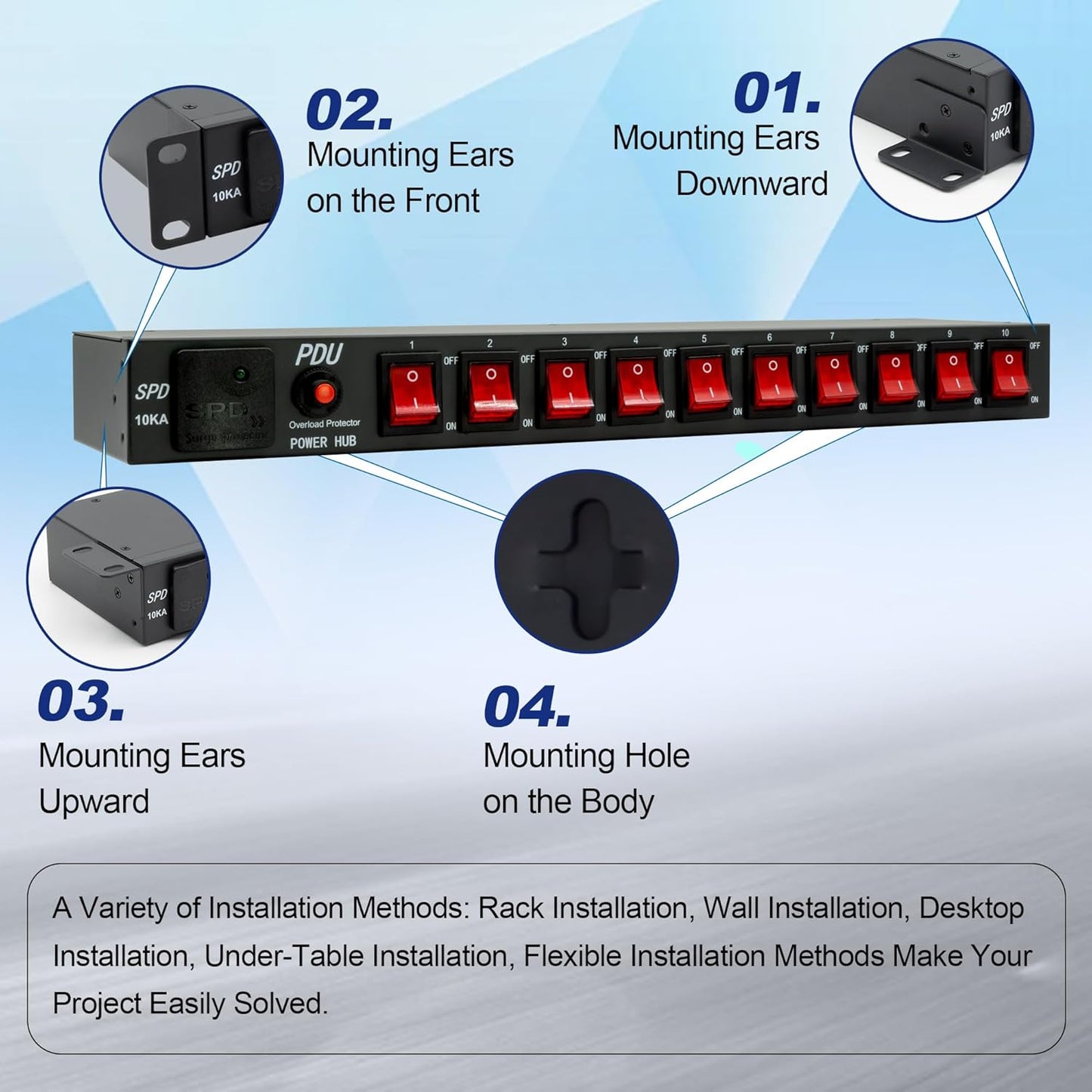 10 Outlets 1U Horizontal PDU Network Rackmount Power Strip with Surge Protector, (SPD-10KA) 100-240V,15A 3600 Joules, w/10 LED Switches and 6ft 14 AWG Cord, ETL Listed