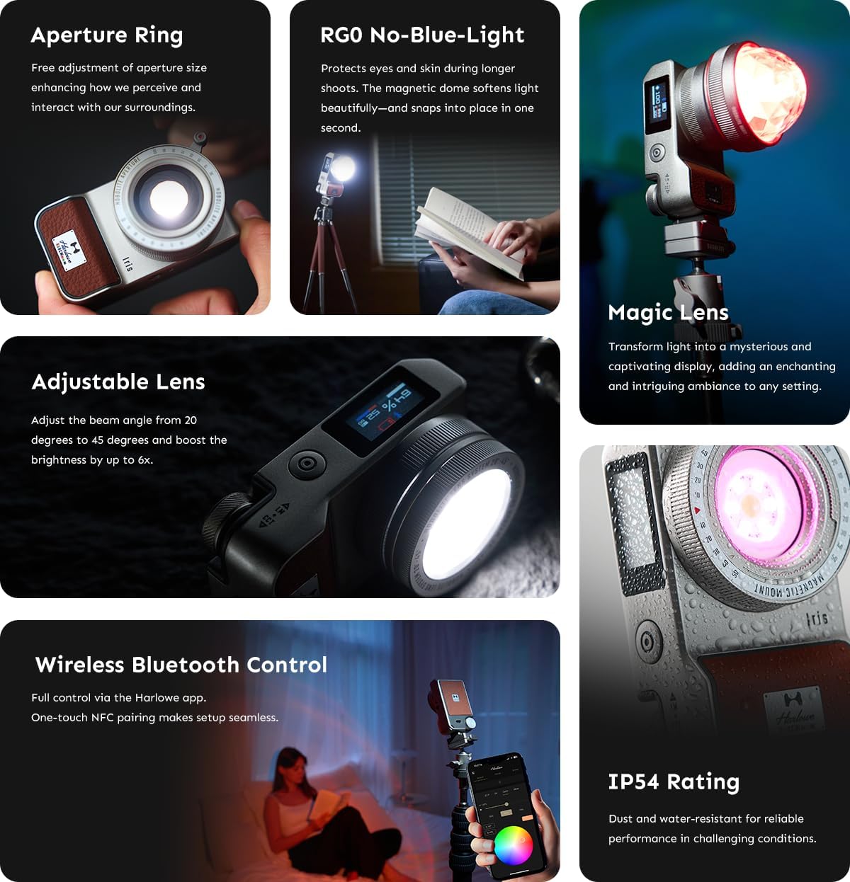Harlowe RGBCW Photography Lighting 5W Mini Studio Light for Video Recording, Photography and Streaming, 1700K-10000K CRI/TLCI 96+, IP54, App Control, Iris 5 Spectra Creator Kit