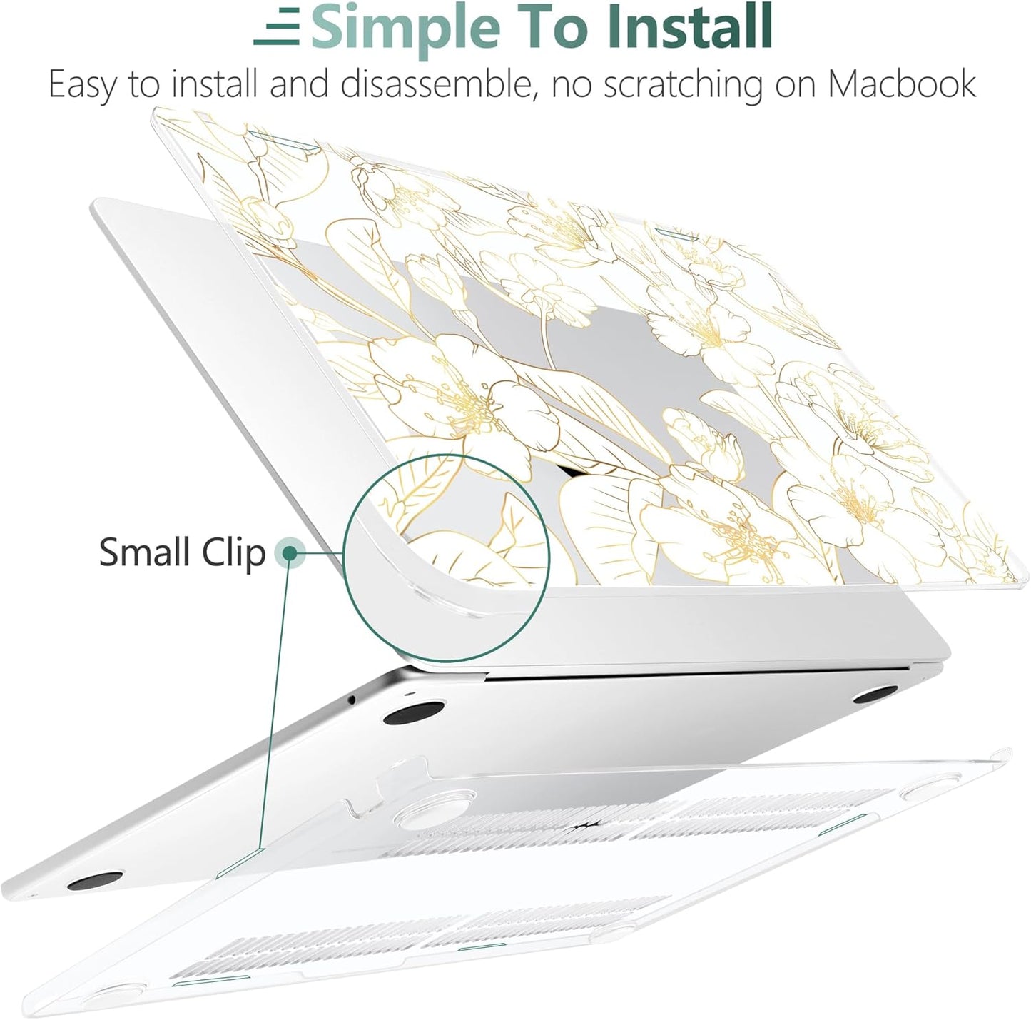 TWOLSKOO Compatible with M4 MacBook Air 13.6 inch Case 2025-2022 Release M4 A3240 M3 A3113 M2 A2681, Plastic Hard Shell & Keyboard Cover & Type C Adapter & Screen Protector, Gold Cherry Blossom