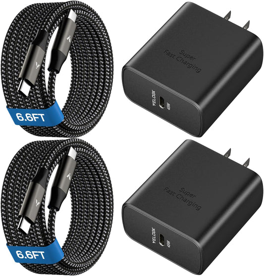 45W Super Fast Charger USB C, 45 Watt Type-C Android Phone Charger Fast Charging Block with 6.6FT Type C Cords for Samsung Galaxy S25 Ultra/S24 Ultra/S24+/S23 Ultra/S23+/S22 Plus/S20, Tab S9/S8 Ultra