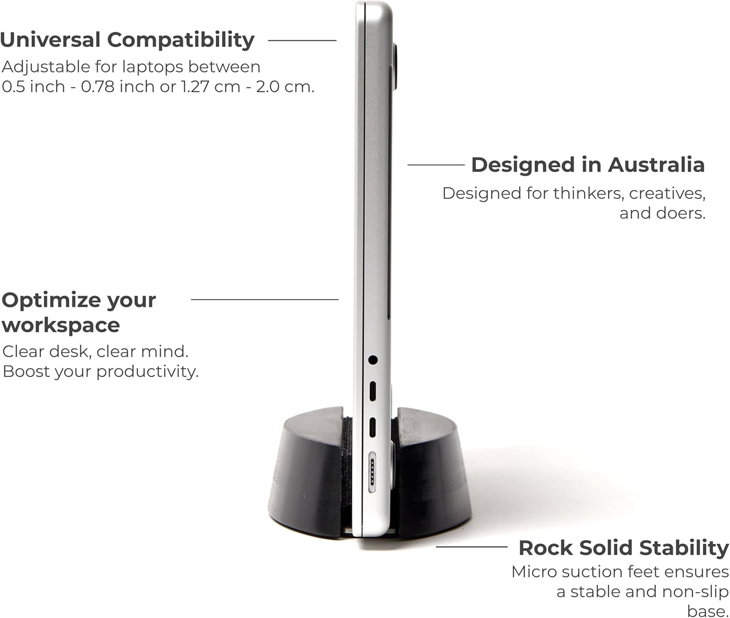 Nordik Vertical Laptop Stand - Black - Premium Laptop Dock and Holder for Home Office, Software Engineers - Space Saving Desk Dock for Mac Users and Laptop Users - Stable Non-Slip Wood Stand