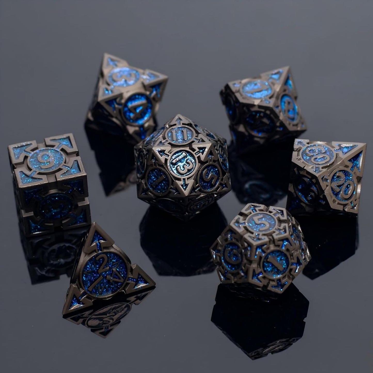 Blue Black Nickel Finish Heavy Metal DND Dice Set (Wizard) with A Metal Box, Sharp Edge Zinc Alloy D&D Accessories, D4-D20, Designed for Dungeons & Dragons Master, RPG Player, Starter