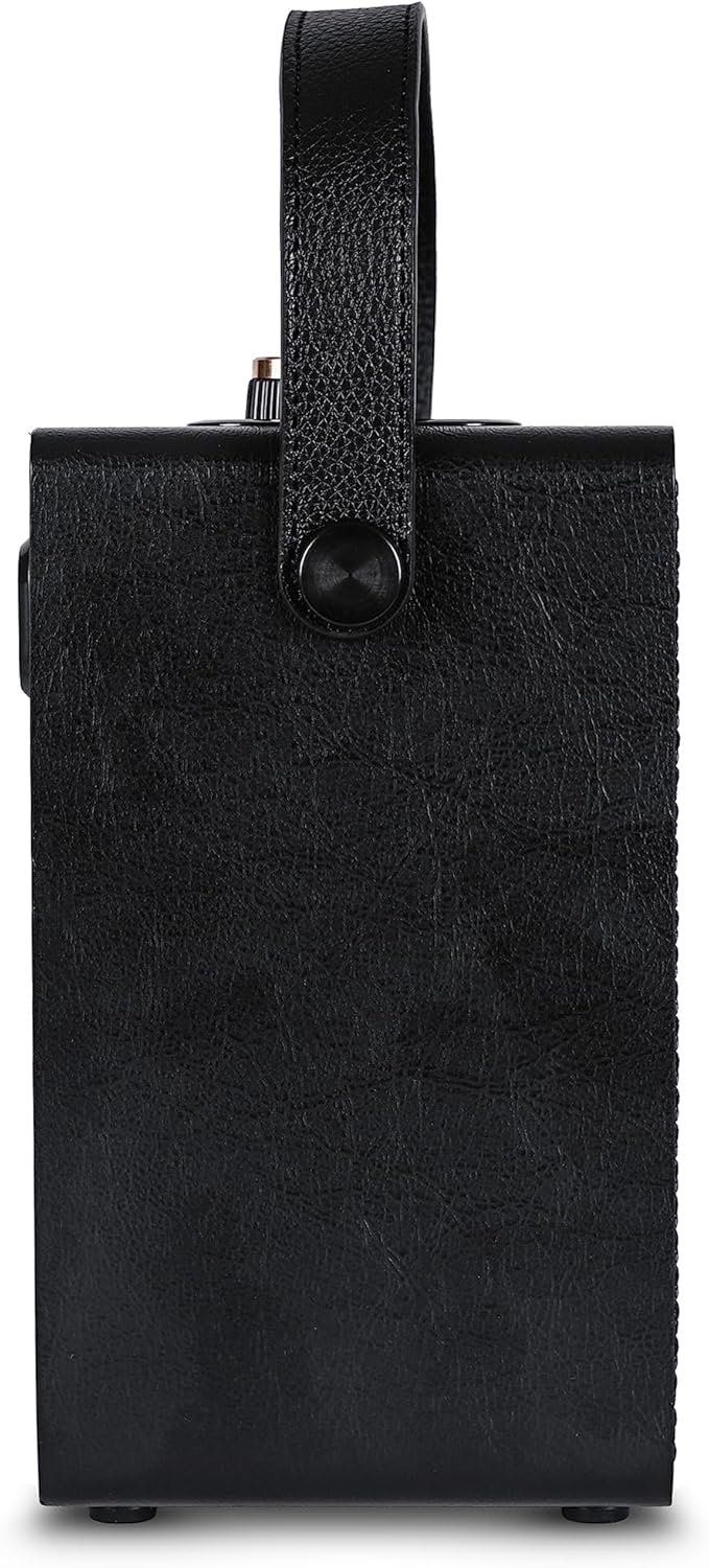 Fuse Andle Vintage Retro Bluetooth Speaker with Vegan Leather Handle | Portable Speaker with Smartphone Connection | USB & AUX Input | Stylish Black Wood Exterior