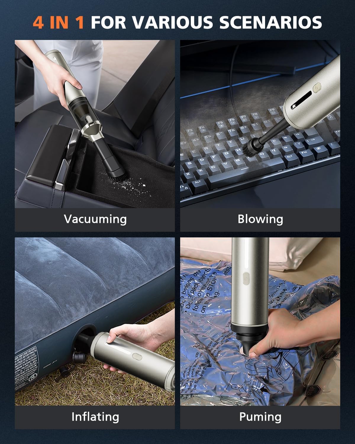 Car Vacuum Portable with 16000Pa Powerful Suction, Handheld Vacuum Cordless Rechargeable Blow & Suction 4 in 1, Small Vacuum Cleaner for Car, Outdoor, Home, Office (Gold Renew)