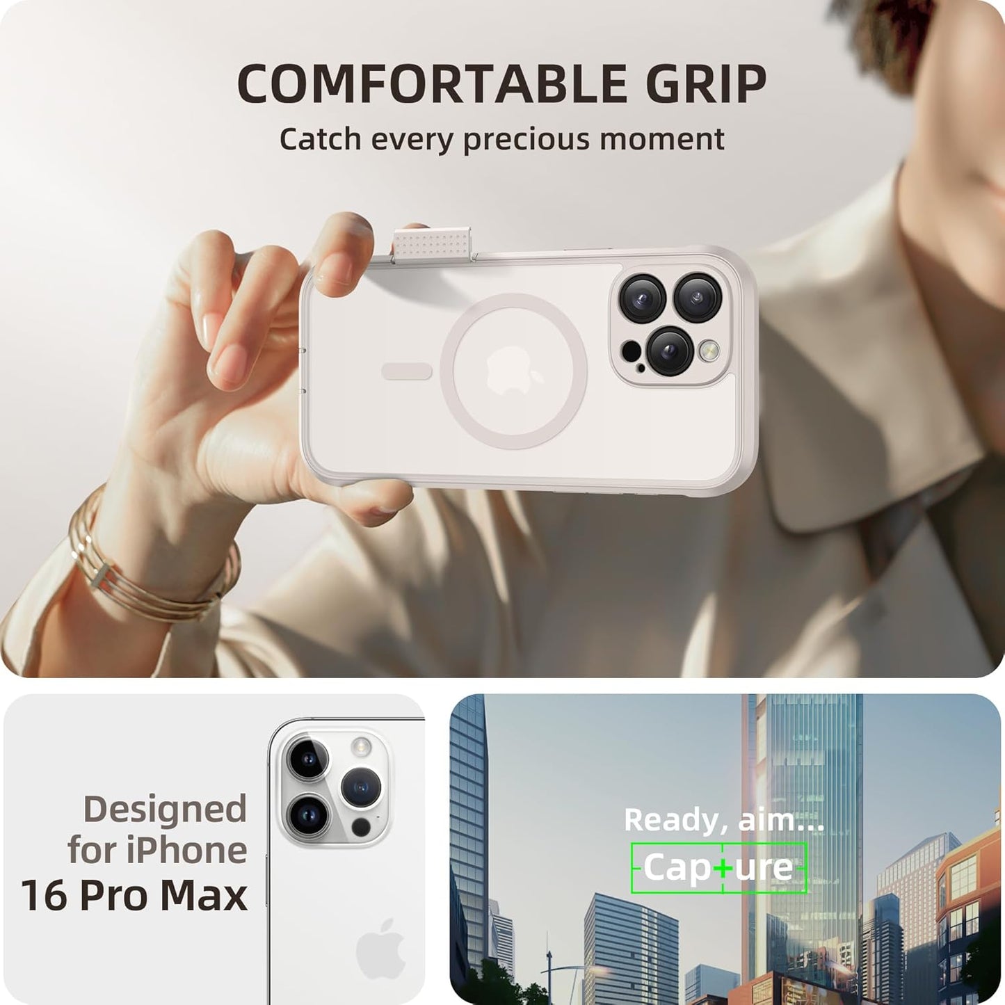 BERFY Magnetic for iPhone 16 Pro Max Case, Compatible with MagSafe, [Built-in 9H Tempered Glass Screen Protector & Camera Protection] Full Body Translucent Matte Phone case for 16 Pro Max, Stone