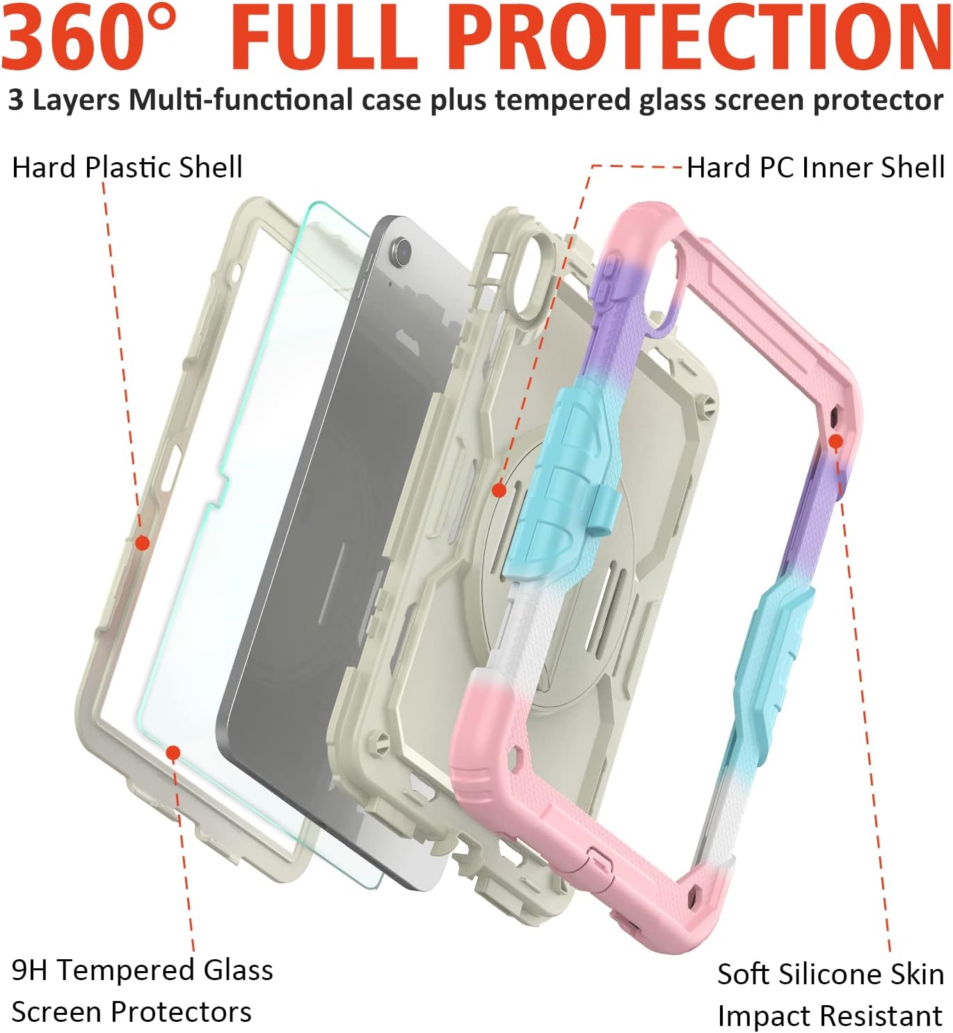 Ambison Case for iPad A16 11th/10th Generation 11"/10.9'' 2025/2022,Heavy Duty Shockproof Case with Tempered Glass Screen Protector, 360° Rotating Handle Strap&Stand,Shoulder Strap-Pink