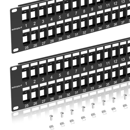 48 Port Blank Keystone Patch Panel with Snap-in Design (2 Pack), Cat6 Network Patch Panel 2U 19 inch, Rack Mount Ethernet Patch Panel (for Slim Keystone Only)