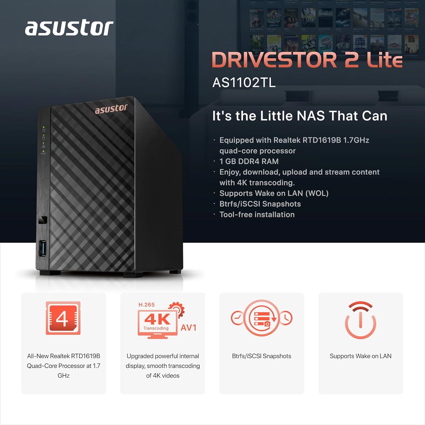 Asustor Drivestor 2 Lite AS1102TL, 2 Bay NAS, 1.7GHz Quad Core, 1GbE Port, 1GB RAM DDR4, Personal Private Cloud, Backup for Home & Small Office, Network Attached Storage(Diskless)