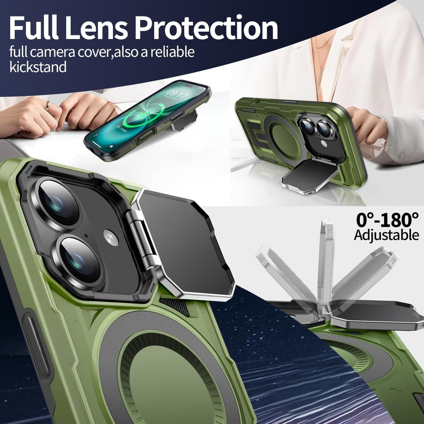 Camera Stand Case for iPhone 16, [Compatible with Mag Safe] [Lens Cover] 2024 Version Military Grade Protective Soft Case for iPhone 16 6.1 inch Men Women, Green