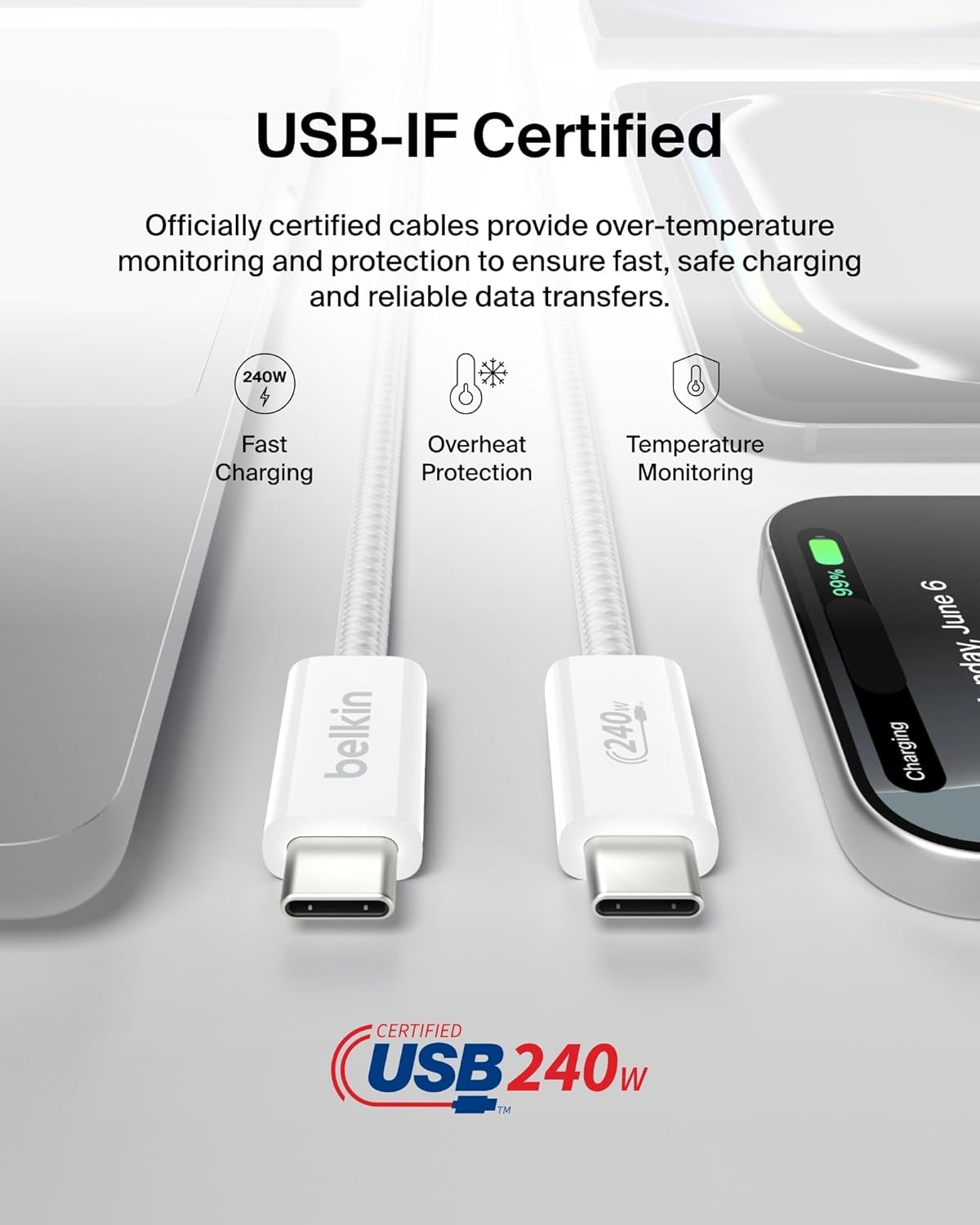 Belkin USB C to USB C Cable, 3.3ft, 240W - Type C Charger, iPhone Charger Cord, Soft, Braided, Flexible for iPhone 17, Galaxy S25, Pixel 9, MacBook, Chromebook, iPad Pro, Switch Steam Deck – White