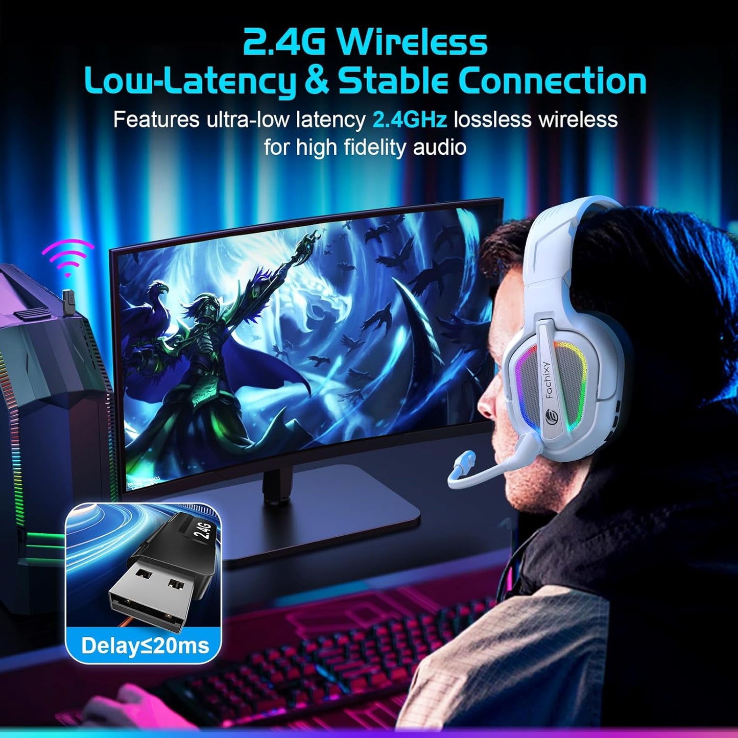 FC200 Wireless Gaming Headset for PS5, PS4-2.4GHz USB Foldable Headphones with Mic - 3D Stereo Bluetooth Headset with 50Hrs Battery Life, for Switch, PC, Mac, Mobile