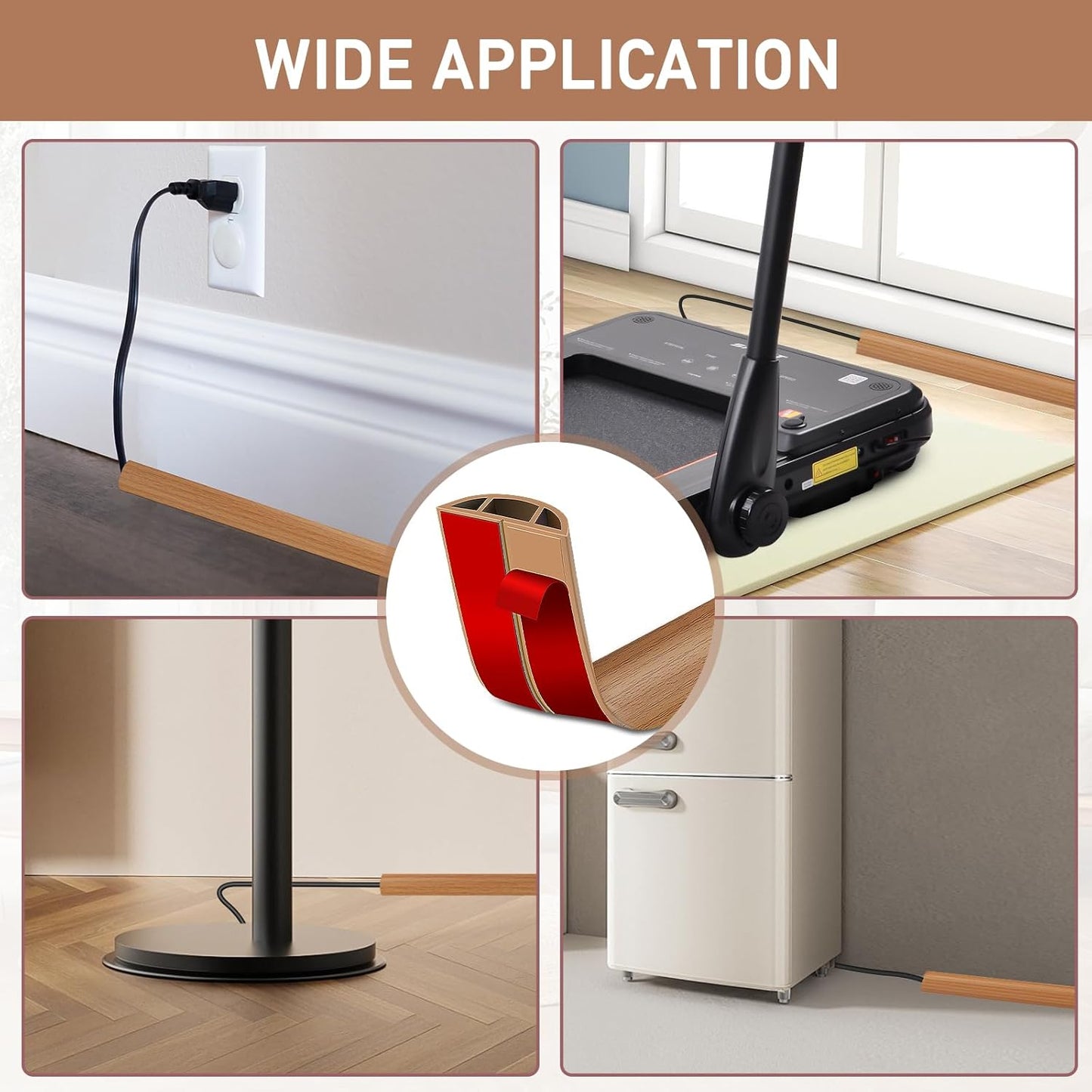 Floor Cord Cover Self Adhesive Cord Hider Floor Extension Cord Covers for Floor Power Cord Protector Cable Management Prevent Cable Trips Cable Cavity 0.51" W x 0.31" H (Light Brown Wood, 10Ft)