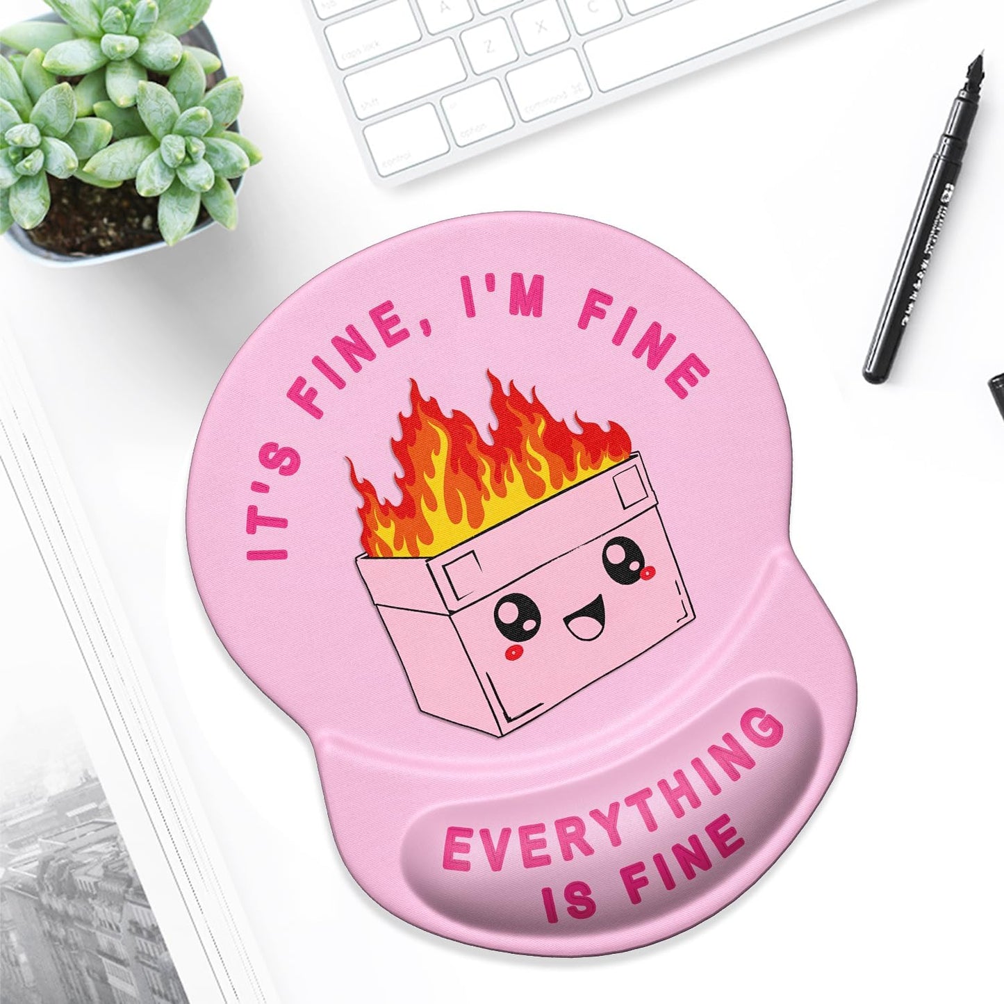 ITNRSIIET Ergonomic Mouse Pad with Gel Wrist Support Small Wrist Rest Smooth Surface Non-Slip PU Base Comfortable Office Supplies Pain Relief, 8.7 x 7.2 inches, Pink Cute Dumpster