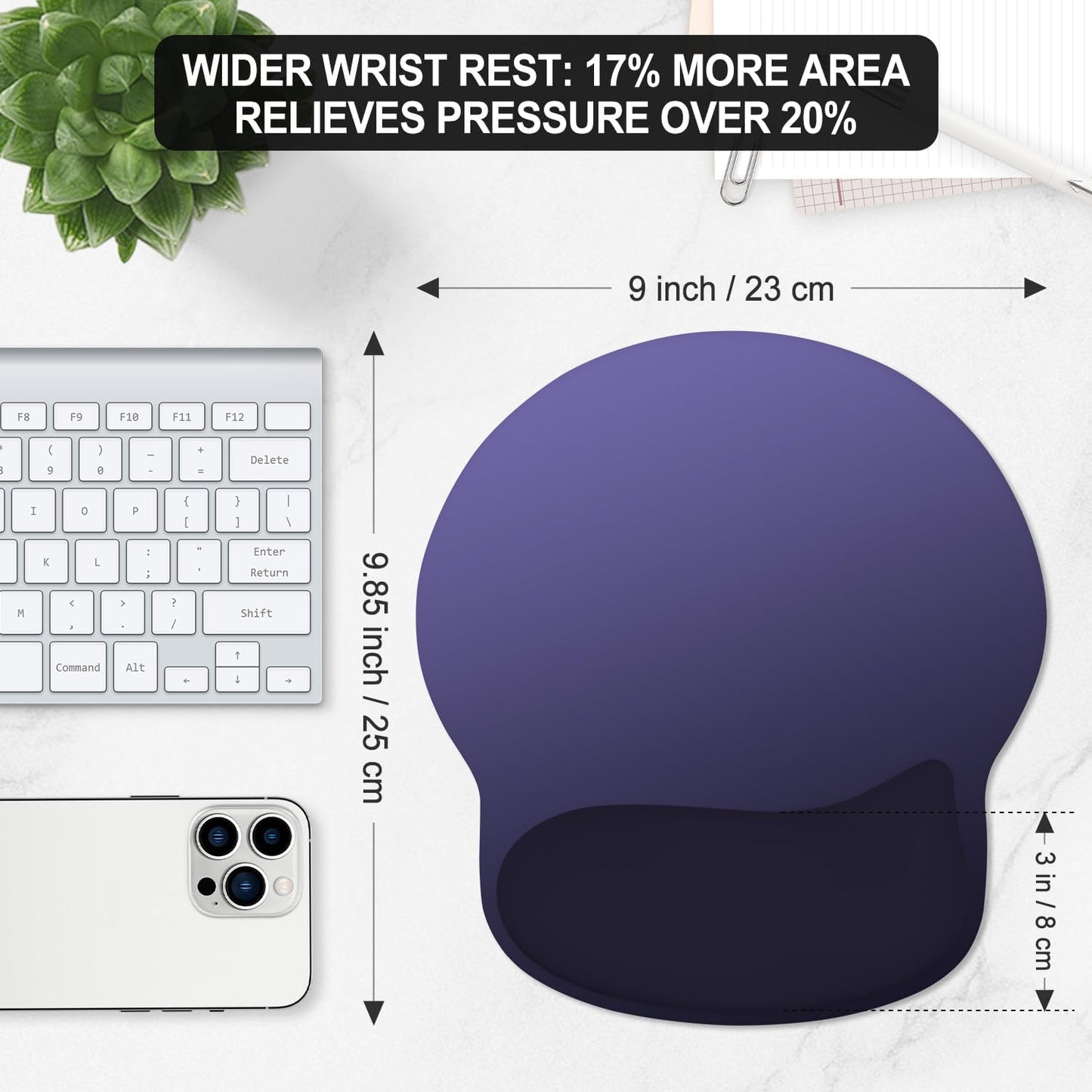 ITNRSIIET Ergonomic Mouse Pad with Wider Memory Foam Wrist Rest +17%, Curved Cushion Reduces Pressure 20%, Pain Relief, Non-Slip, Smooth, Cute Color Desk Accessory, 9.85 x 9 inch, Violet Gradient