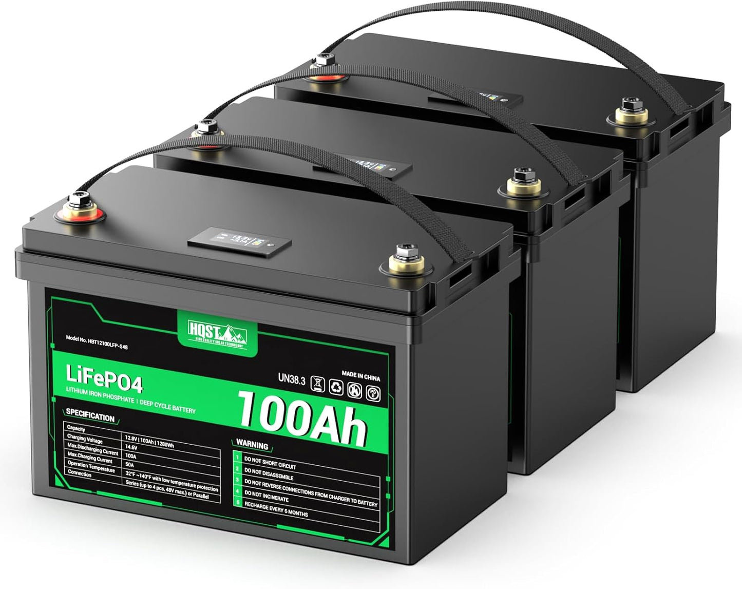 HQST 12 Volt 100Ah Lithium Iron Phosphate Battery with LED Meter,LiFePO4 Battery,10 Year Lifetime,Low & High Temp Protection,Supports in Series and Parallel for RVs,Trolling Motors Boats,Marine-3 Pack
