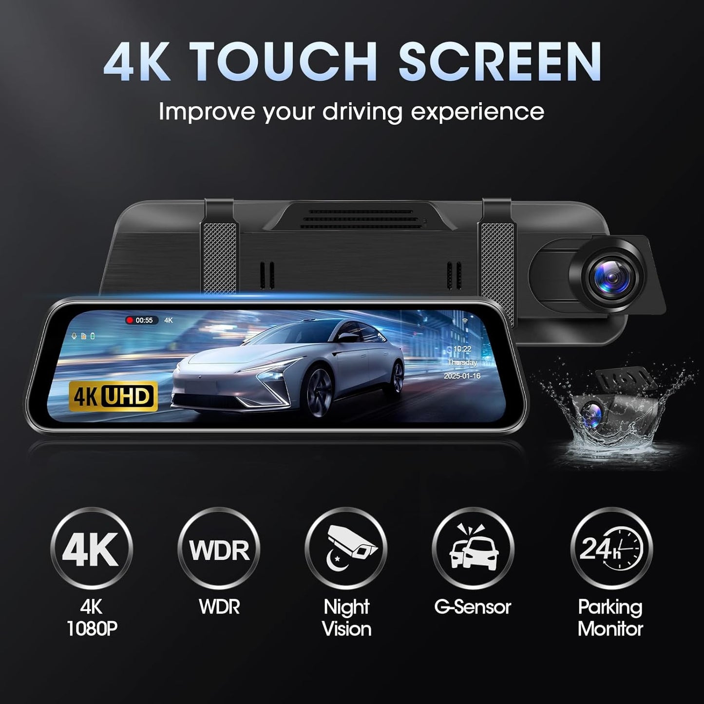 4K WiFi Rear View Mirror Camera 10’’ Mirror Dash Cam Front and Rear w Super Night Vision Dash Cam Mirror w 64G TF Card WiFi App Loop Recording G Sensor Waterproof Reversing Camera