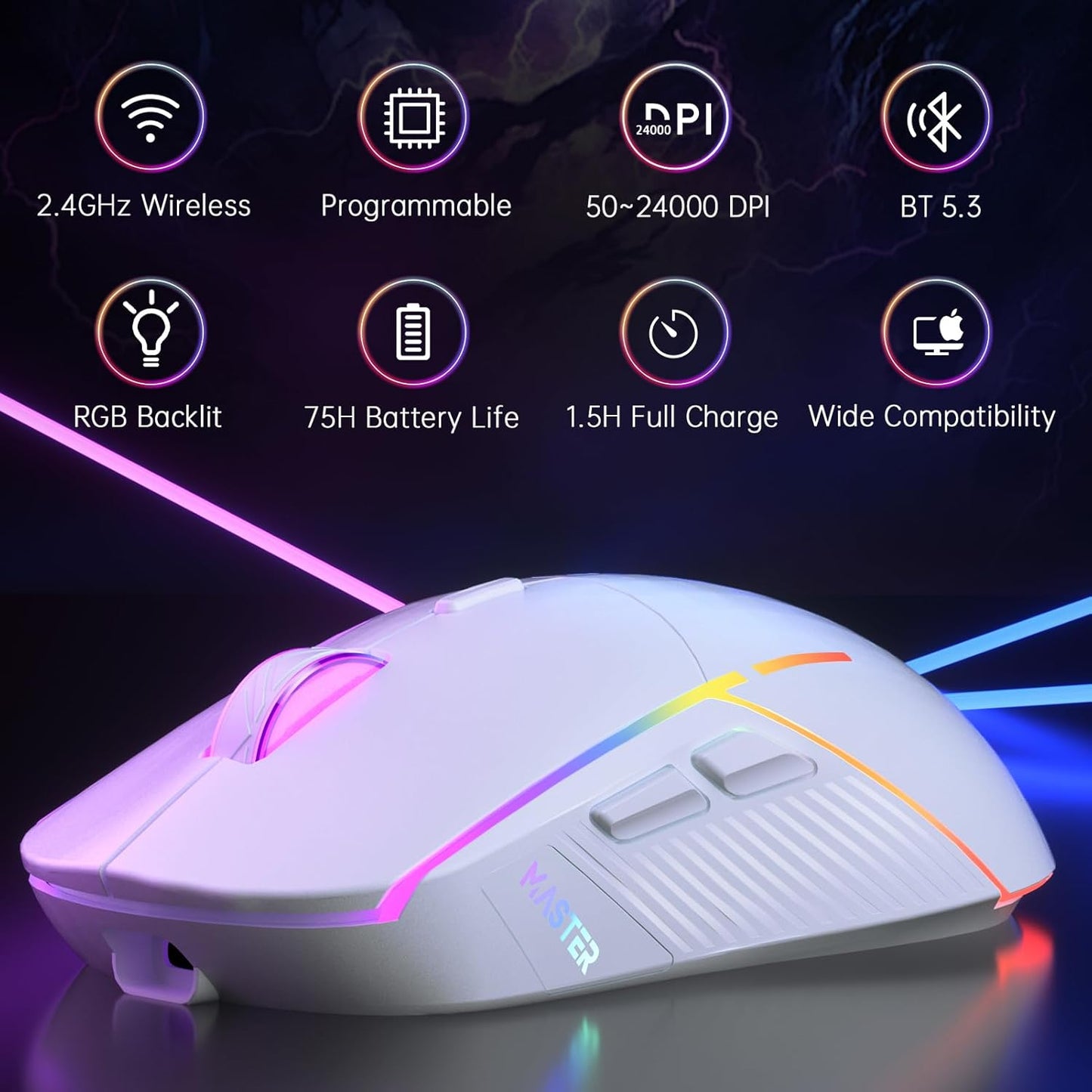 FFJ Wireless Gaming Mouse, 24000 DPI, Tri-Mode 2.4G/USB-C/Bluetooth 5.3 Gaming Mouse Wireless, RGB Programmable Mouse Gamer, 75Hrs Battery Life, Rechargeable Gaming Mice for PC, Mac, PS5, Xbox - White