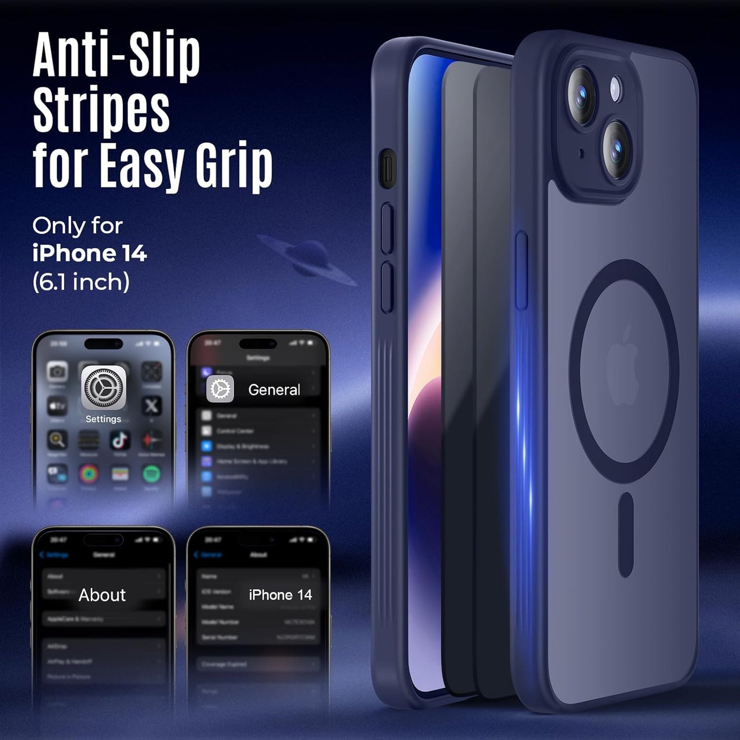 Designed for iPhone 14 Case, Compatible with MagSafe, with Privacy Screen Protectors X2, [Camera Protection] [15FT Military Drop Protection] Shockproof Phone Case, 6.1", Navy Blue